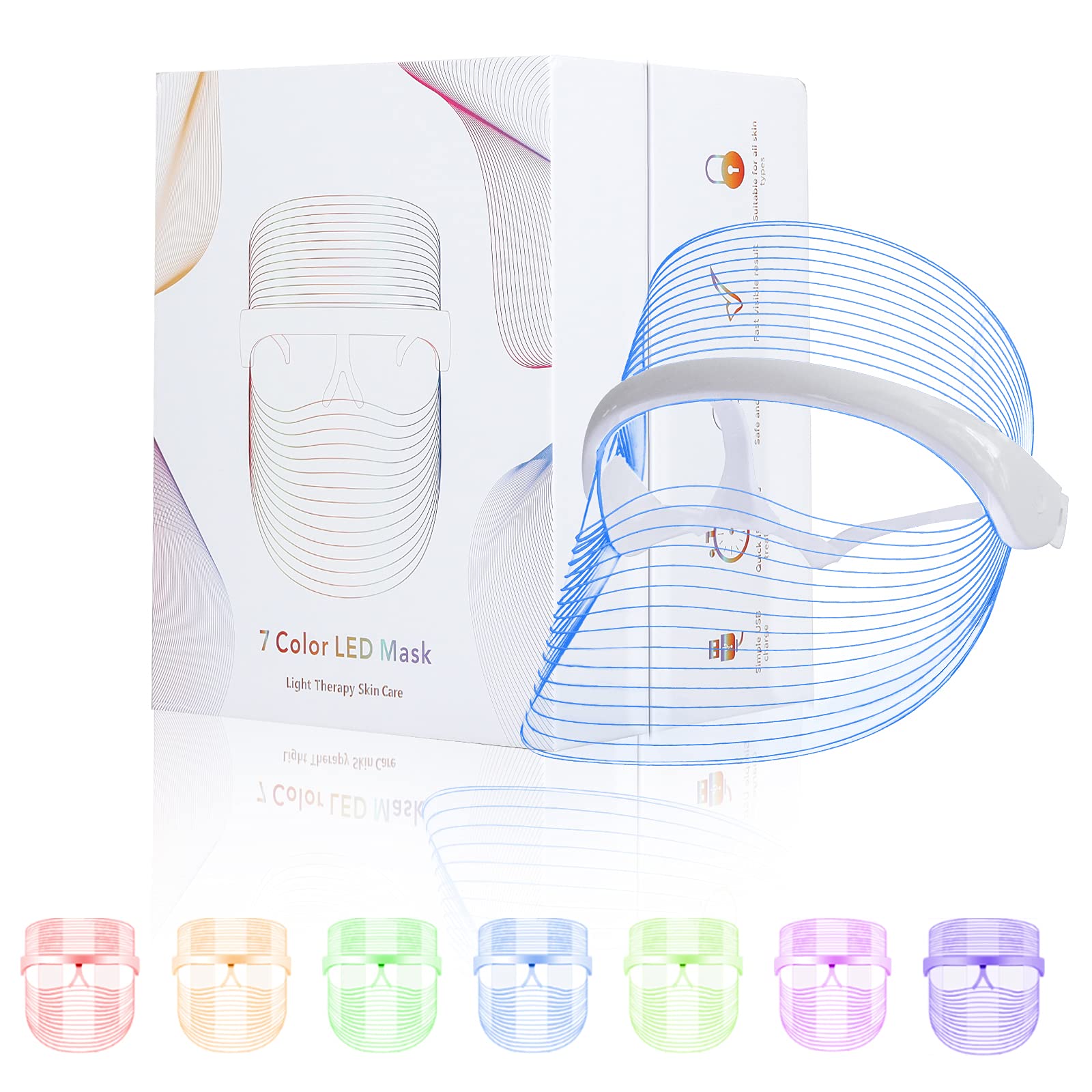 L E D Face Mask Light Therapy, 7 Colors L E D Light Therapy Mask, Red & Blue Light Therapy for Face, Light Mask for Skin Care, P