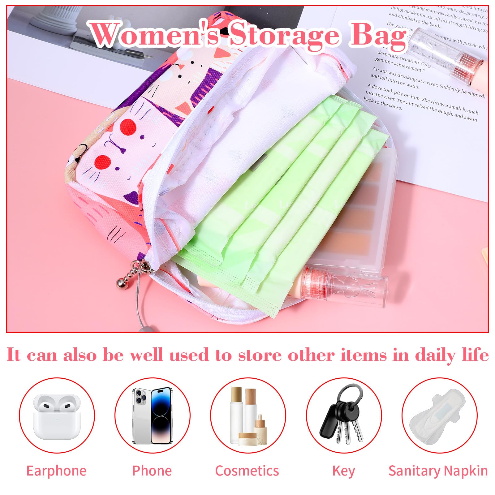 Sanitary Napkin Storage Bag Small Portable Period Bag for Teen Pads/Sanitary Napkins/Small Tampons, Cute Period Pouch First Peri