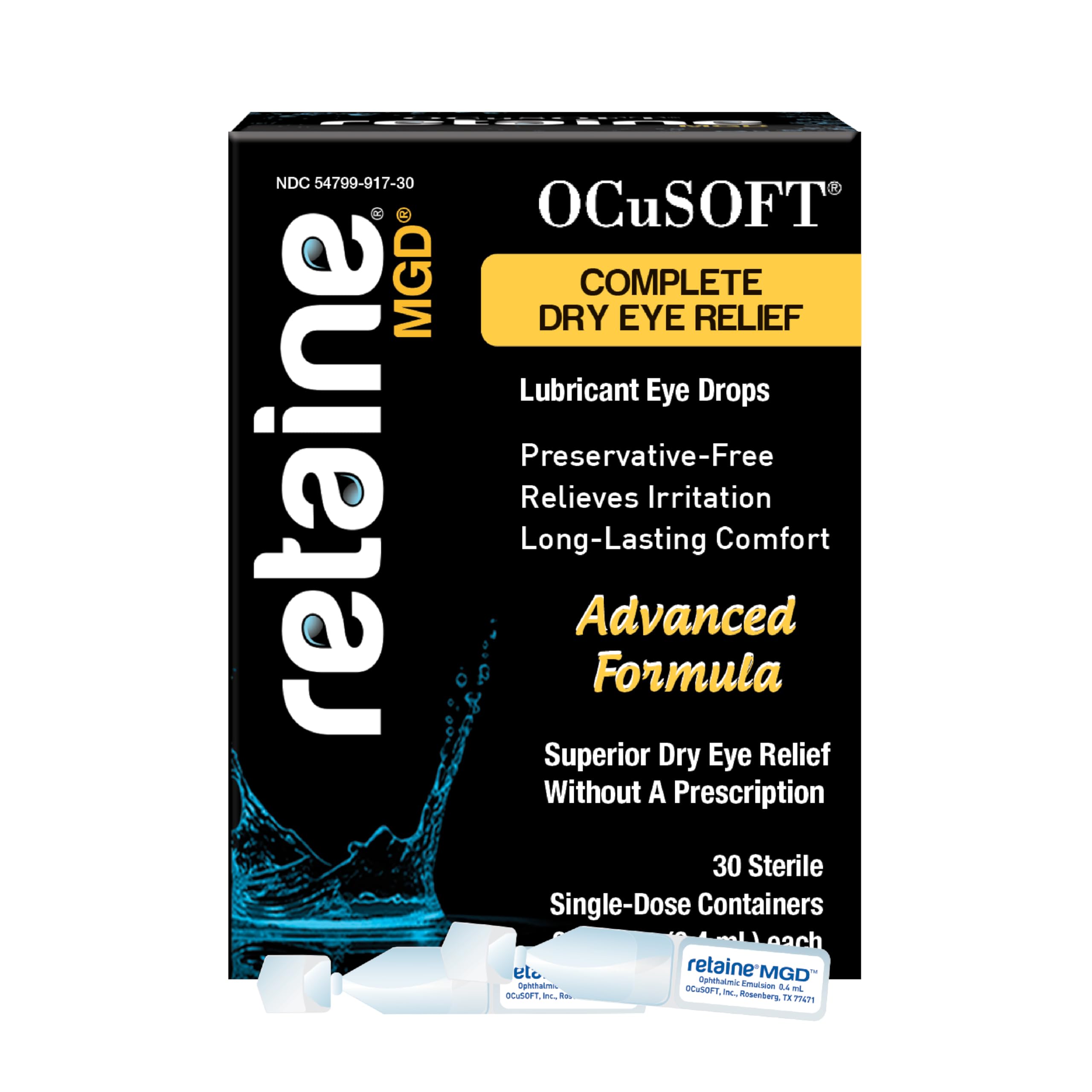 OCuSOFT Retaine MGD Ophthalmic Emulsion - Complete Dry Eye Relief - Soothes Red & Irritated Eyes - 30 Count Preservative-Free Si