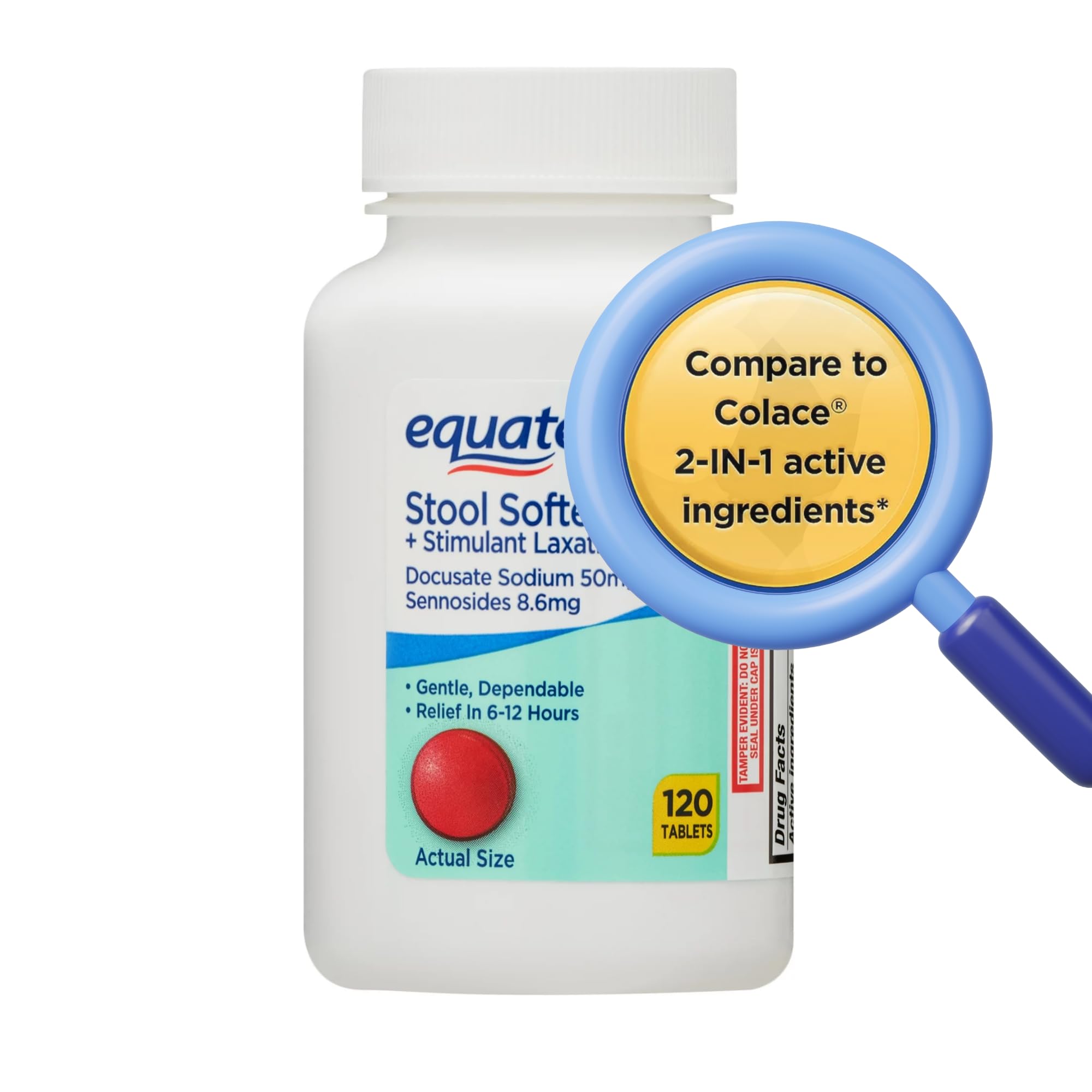 Equate Stool Softener Plus Stimulant Laxative Tablets for Constipation, Stool Softener Laxative for Constipation, 120 Count (Pac