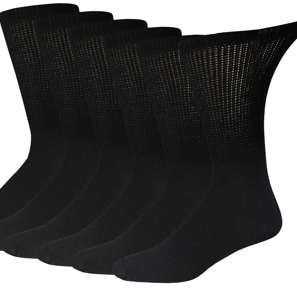 6 Pairs of Cotton Diabetic Neuropathy Crew Socks (10-13, Fits Mens shoe size 9-12, Black)