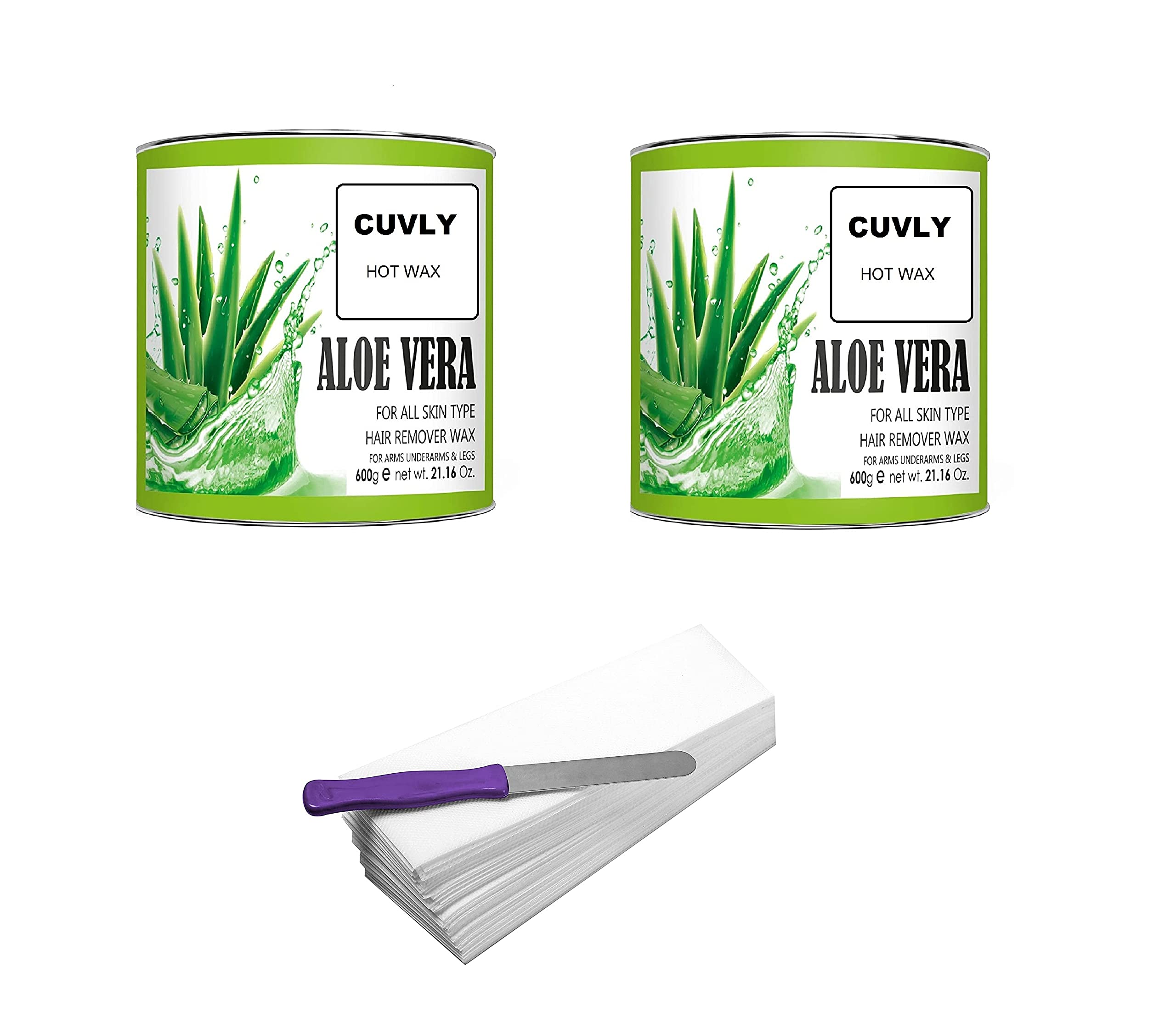 Cuvly Wax Waxing Hair Removal Hot Wax Kit,Aloe Vera 600G + Aloe Vera Wax 600G + Strip 70Pcs + Knife Wax Combo Kit (Pack Of 4) (A