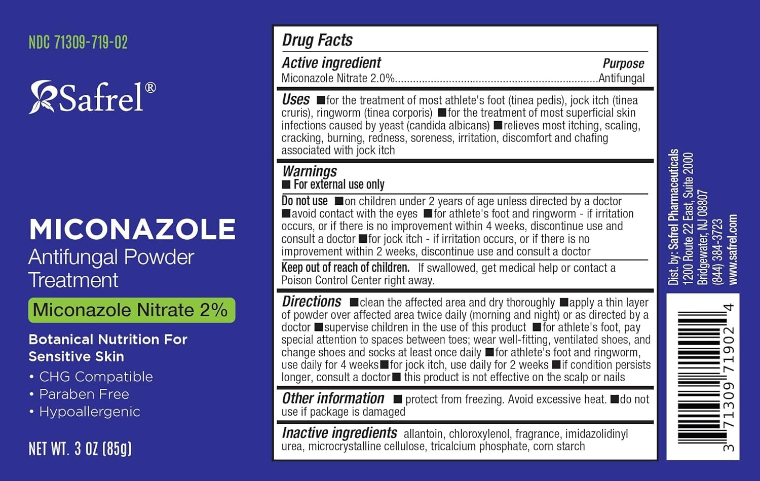 Safrel Antifungal Powder Treatment with 2% Miconazole Nitrate for Common Fungal Infections incuding Athletes Foot, Talc Free, 3