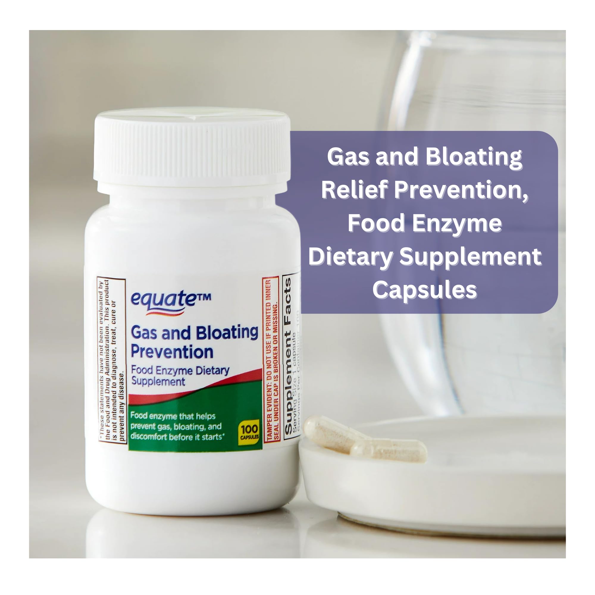 Equate Gas and Bloating Relief Prevention, Food Enzyme Dietary Supplement Capsules 100 Count (Pack of 1)