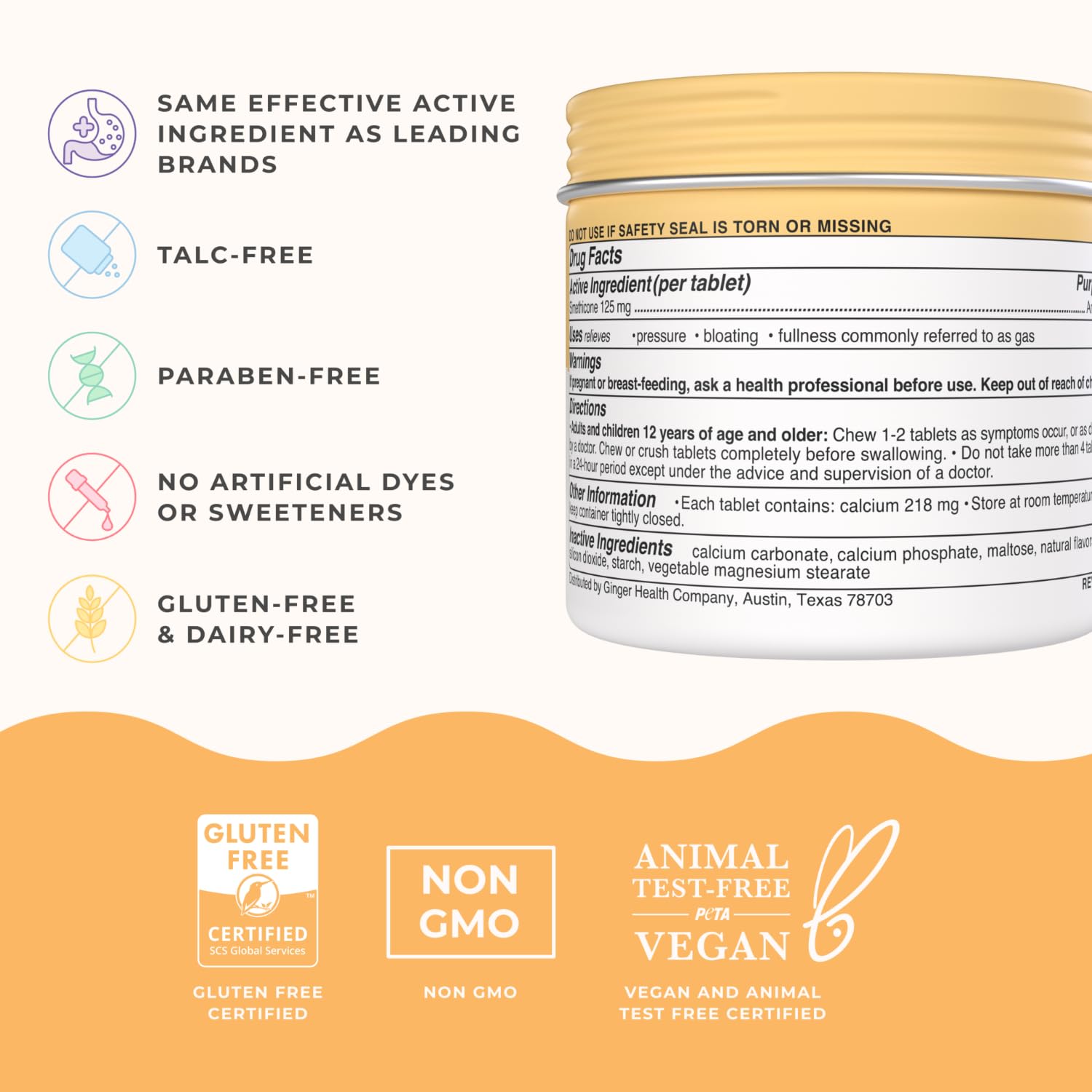 Wonderbelly Bloat + Gas Relief, Extra Strength Chewable Tablets, with 125 mg Simethicone, No Talc or Dye, Mango Smoothie, 42 Cou