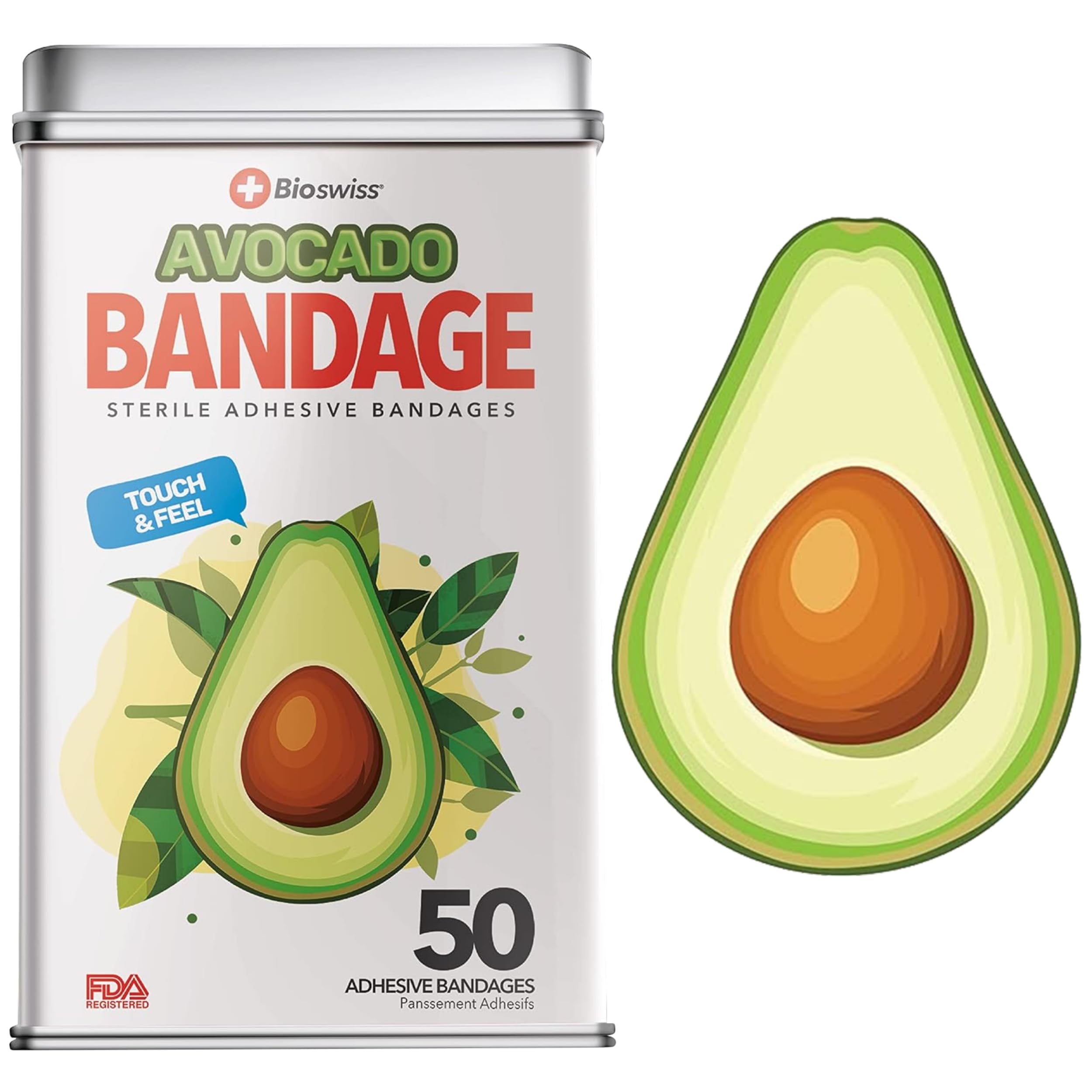 BioSwiss Bandages, Avocado Shaped Self Adhesive Bandages, Latex Free Sterile Wound Care, Fun First Aid Kit Supplies for Kids, 50