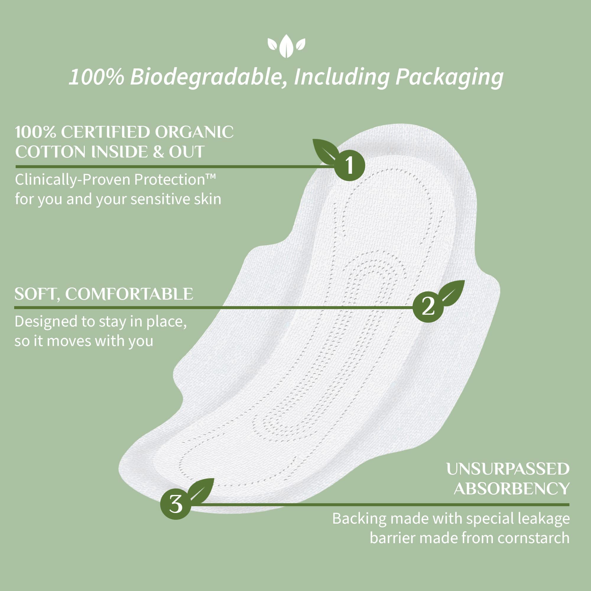 Organyc 100% Certified Organic Cotton Inside and Out Feminine Pads, Sanitary Napkin, Heavy Flow, 10 Count