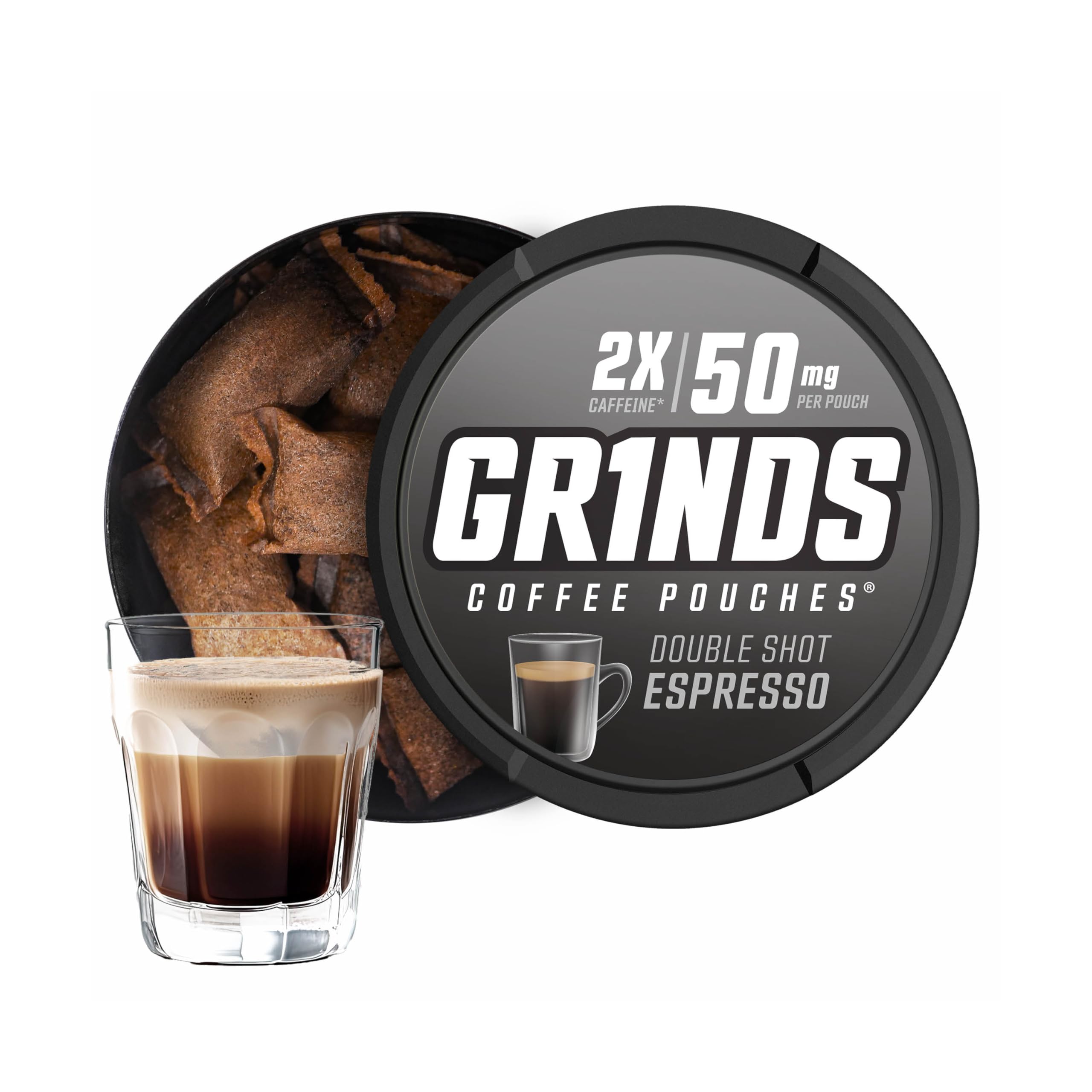 Grinds Coffee Pouches | Tobacco Free, Nicotine Free Healthy Alternative | 6 Cans of Double Shot Espresso | 18 Pouches Per Can | 