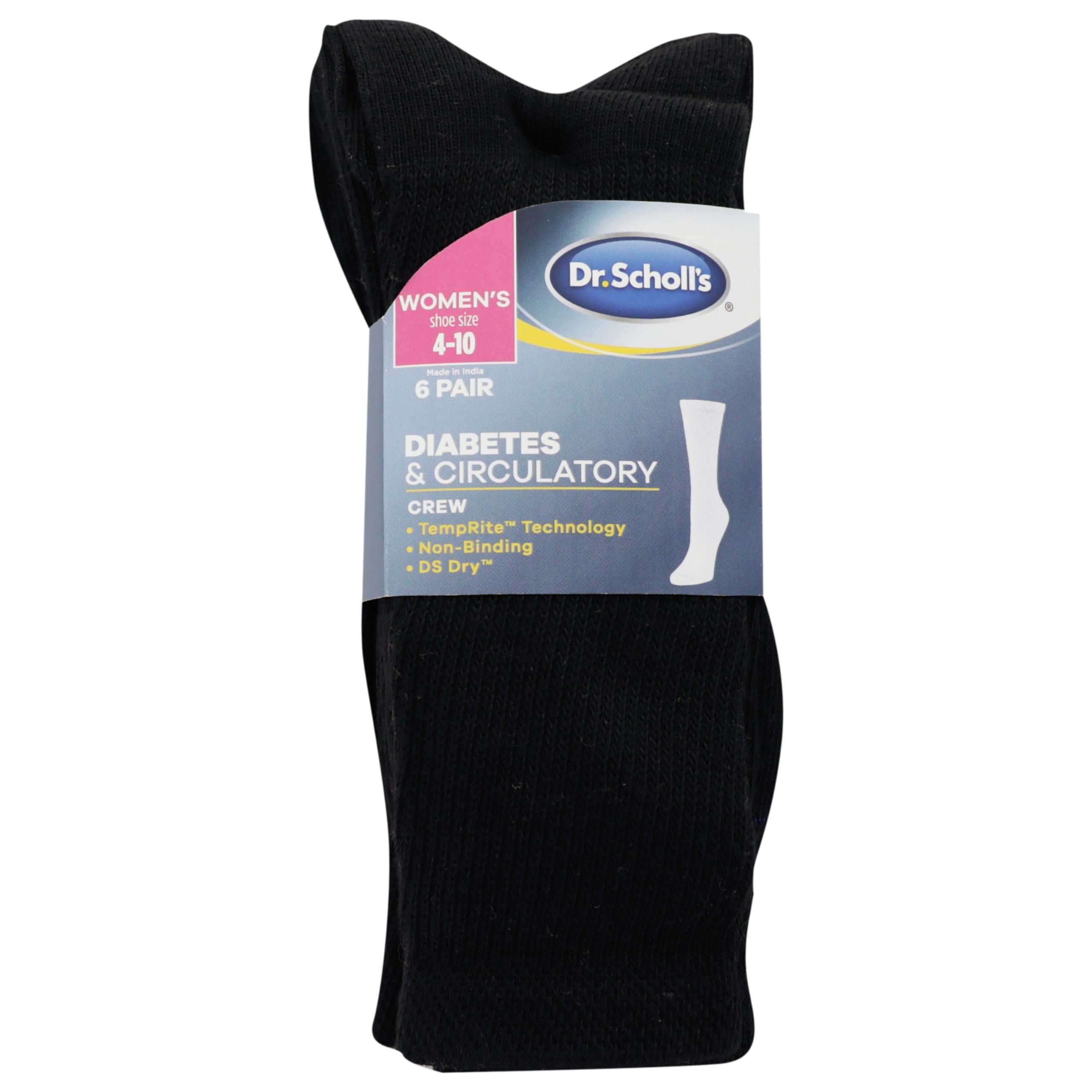 Dr. Scholl's Womens Diabetes & Circulator - 4 6 Pair Packs Non-binding Comfort And Moisture Management Socks, Black, 8-12 US