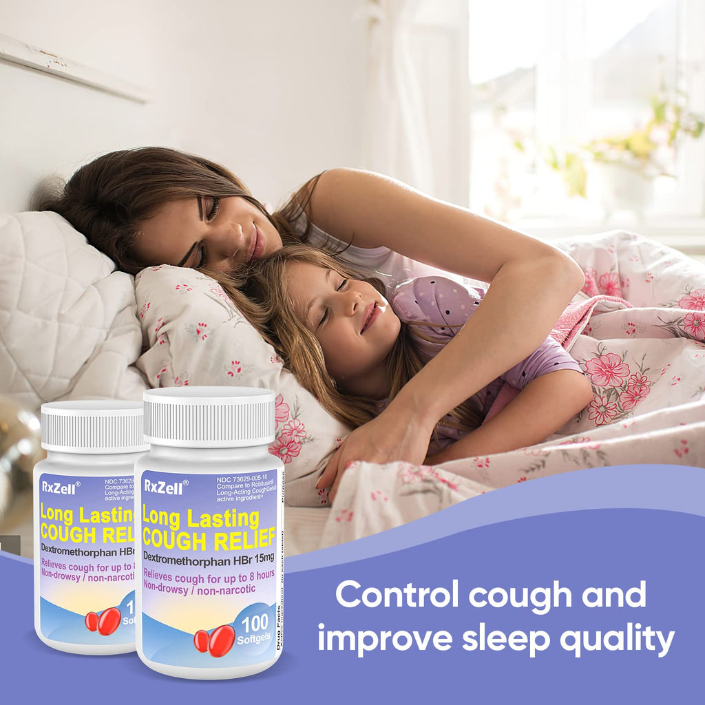 RXZELL Adult Cough Relief, Dextromethorphan HBr 15mg (100 Softgels), 8 Hour Long Lasting, Non-Drowsy, Cough/Bronchial Suppressan