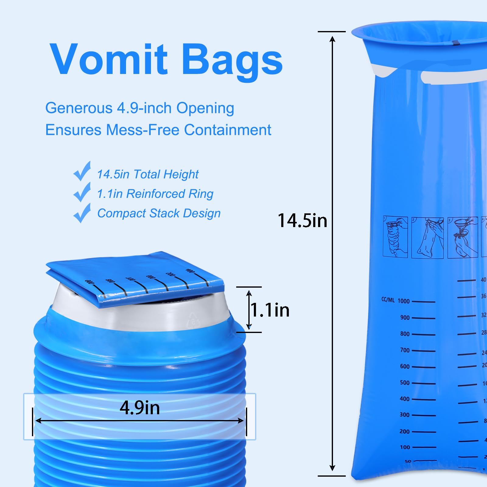 100 Pack Emesis Vomit Bags for Car, 1000 ml Blue Portable Nausea Bag for Pregnant Women, Leak Proof Puke Throw Up Nausea Bags fo