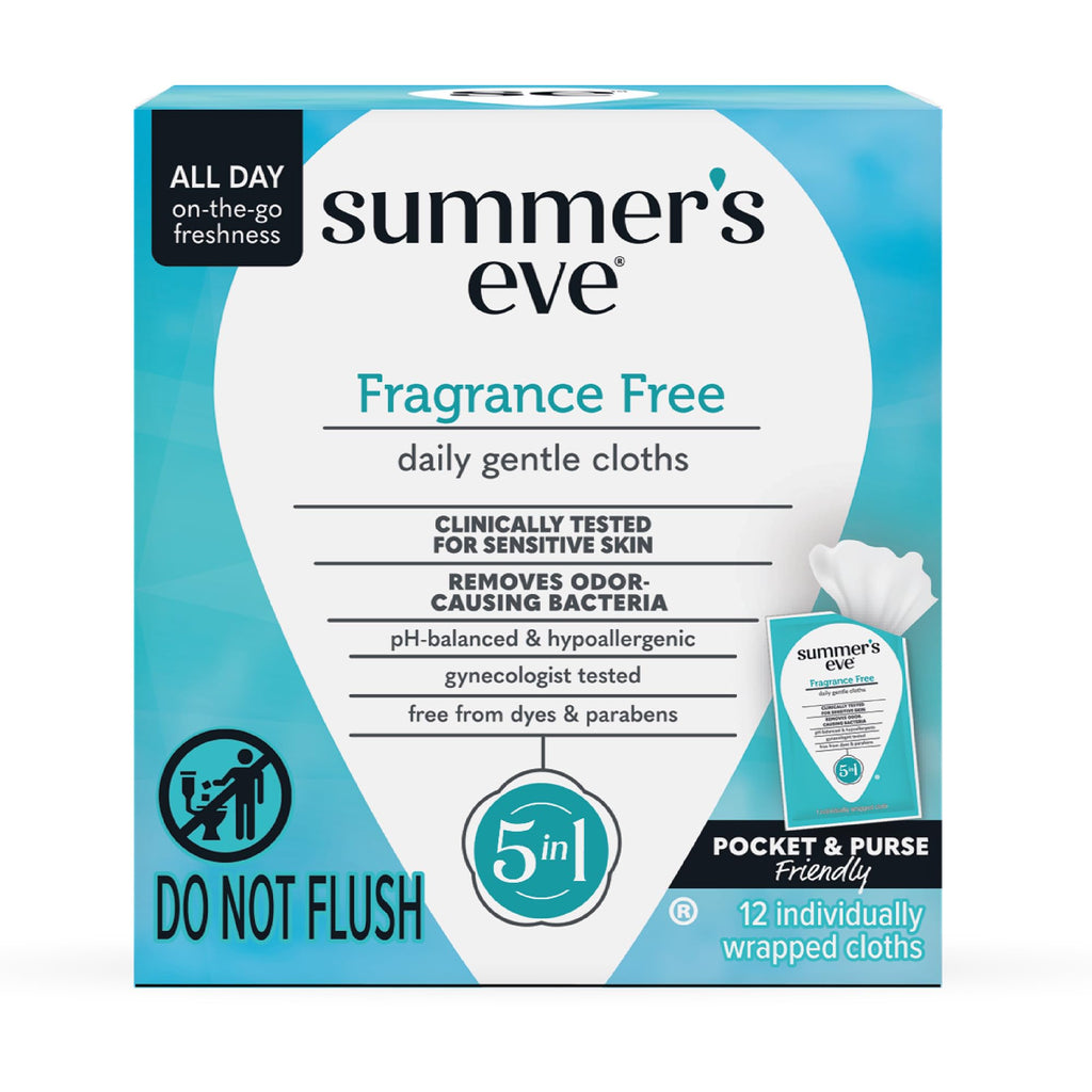 Summer's Eve Fragrance Free Daily Refreshing Feminine Wipes, Removes Odor, pH Balanced, 12 Count, 1 Pack