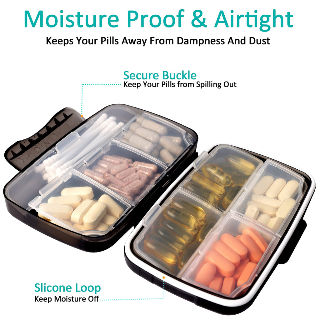 Travel Pill Organizer Large Portable Moisture Proof Vitamin Case, Fullicon Oversize 8 Compartment Pill Box, Pill Holder - Airtig