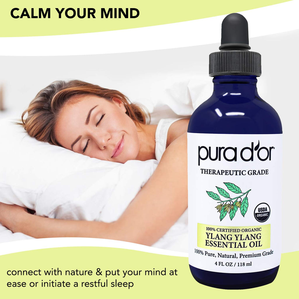 PURA DOR Organic Ylang Ylang Essential Oil (4oz with Glass Dropper) 100% Pure & Natural Therapeutic Grade for Hair, Body, Skin,