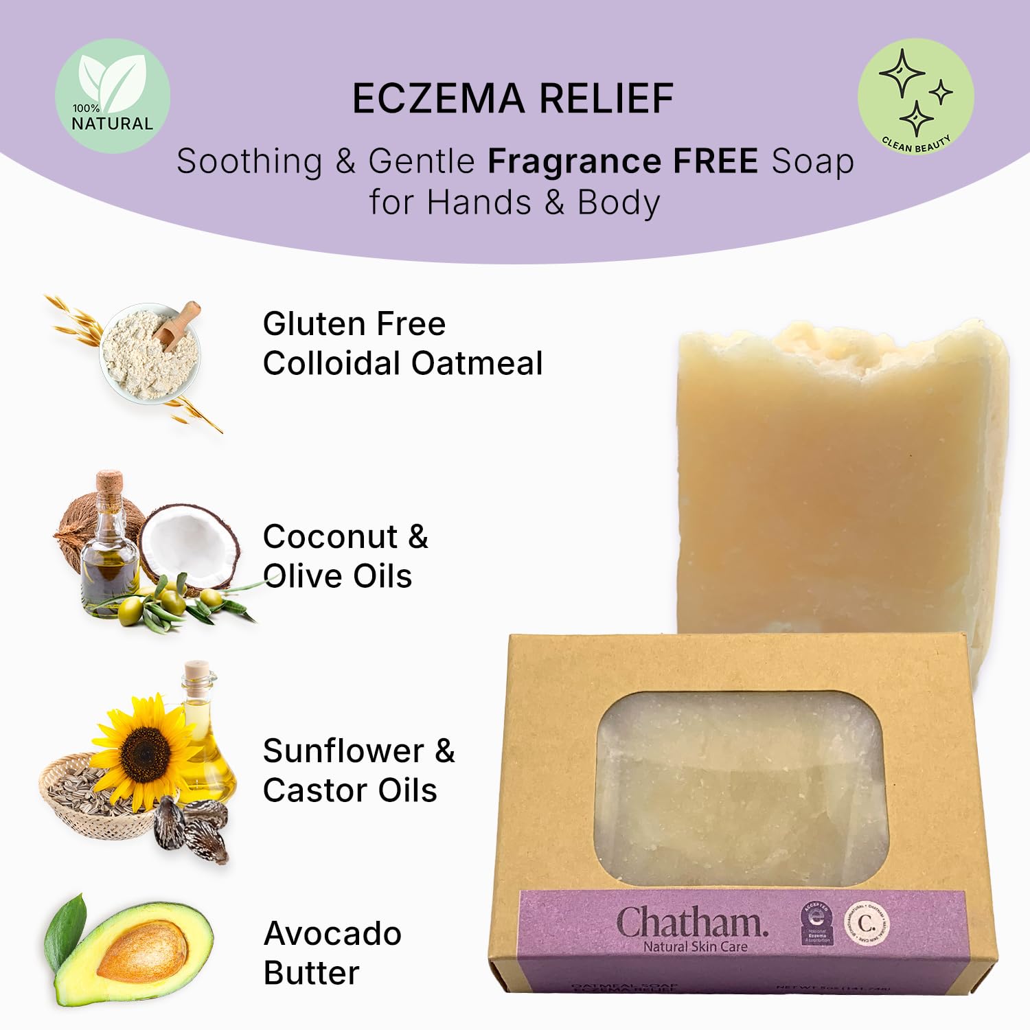 Chatham Natural Skin Care Eczema Relief Oatmeal Soap, oatmeal bath, treatment for eczema rosacea, psoriasis