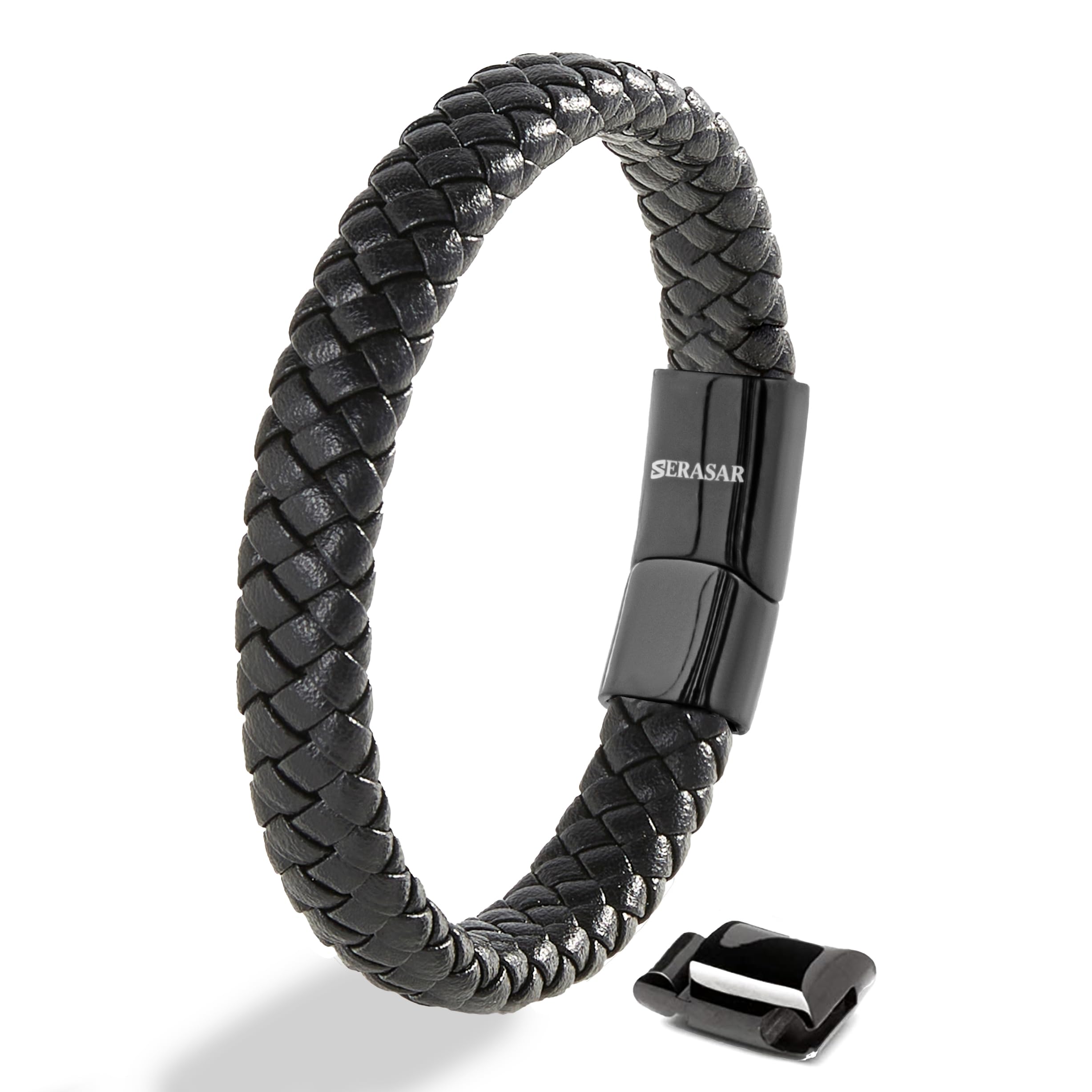 SERASAR Mens Brown Bracelets 23cm Bracelet Men Gift Box Genuine Leather Cowhide Braided Magnetic Clasp Multi Layer Wrap Rope Man
