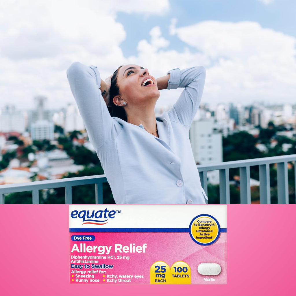 SCHMIDT EMPIRE Equate Dye-Free Allergy Relief 25 mg, 100ct Tablets (Pack of 2)