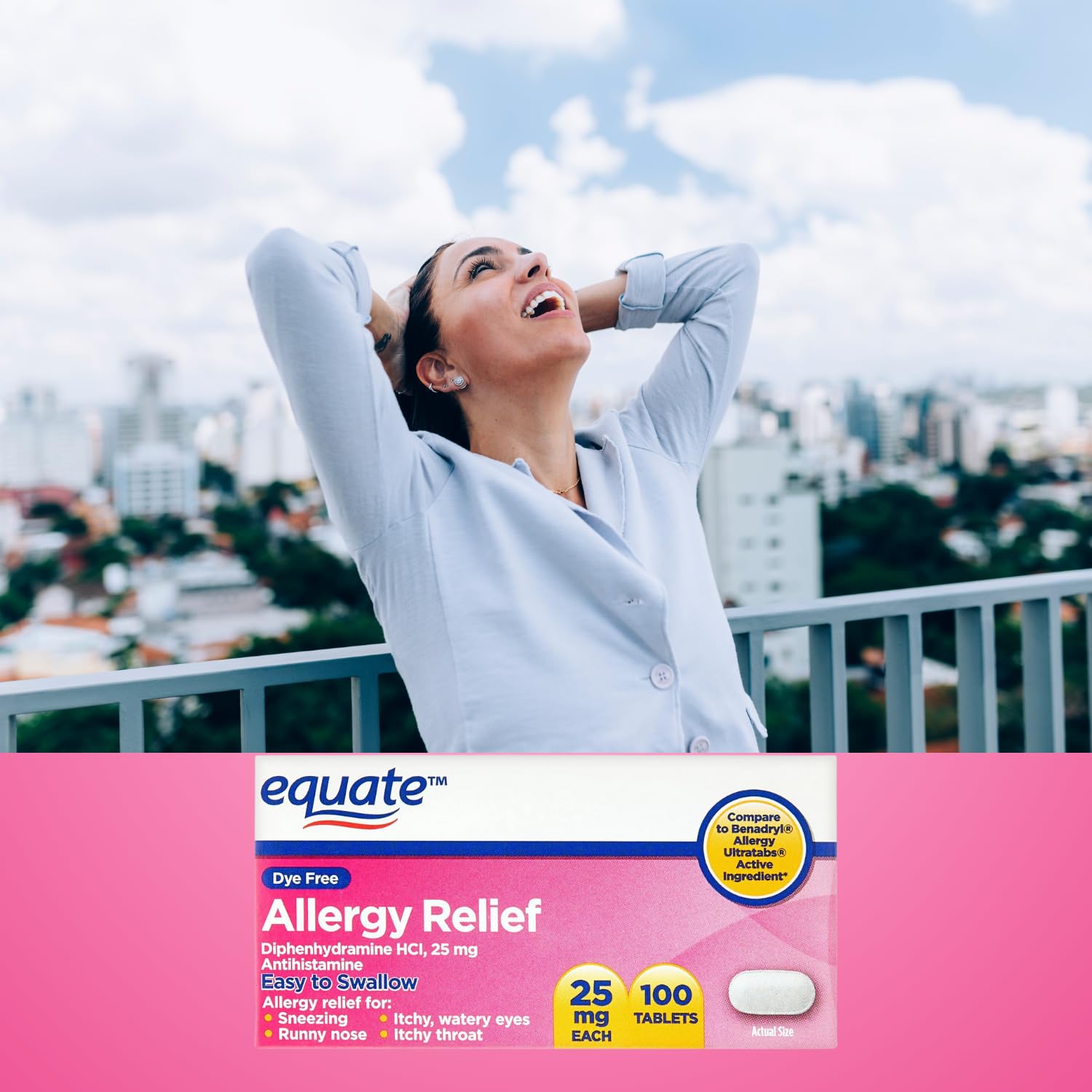 SCHMIDT EMPIRE Equate Dye-Free Allergy Relief 25 mg, 100ct Tablets (Pack of 2)