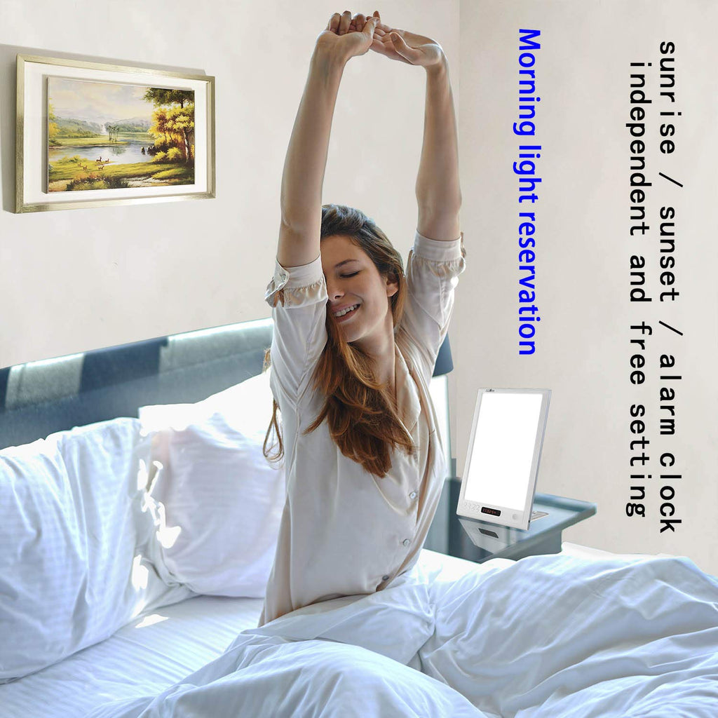 JUXLamp Light Alarm Clock 3 Color Light Therapy Sunrise Wake-up lamp, 12000lux Full Spectrum Sun lamp Sunrise & Sunset Simulatio