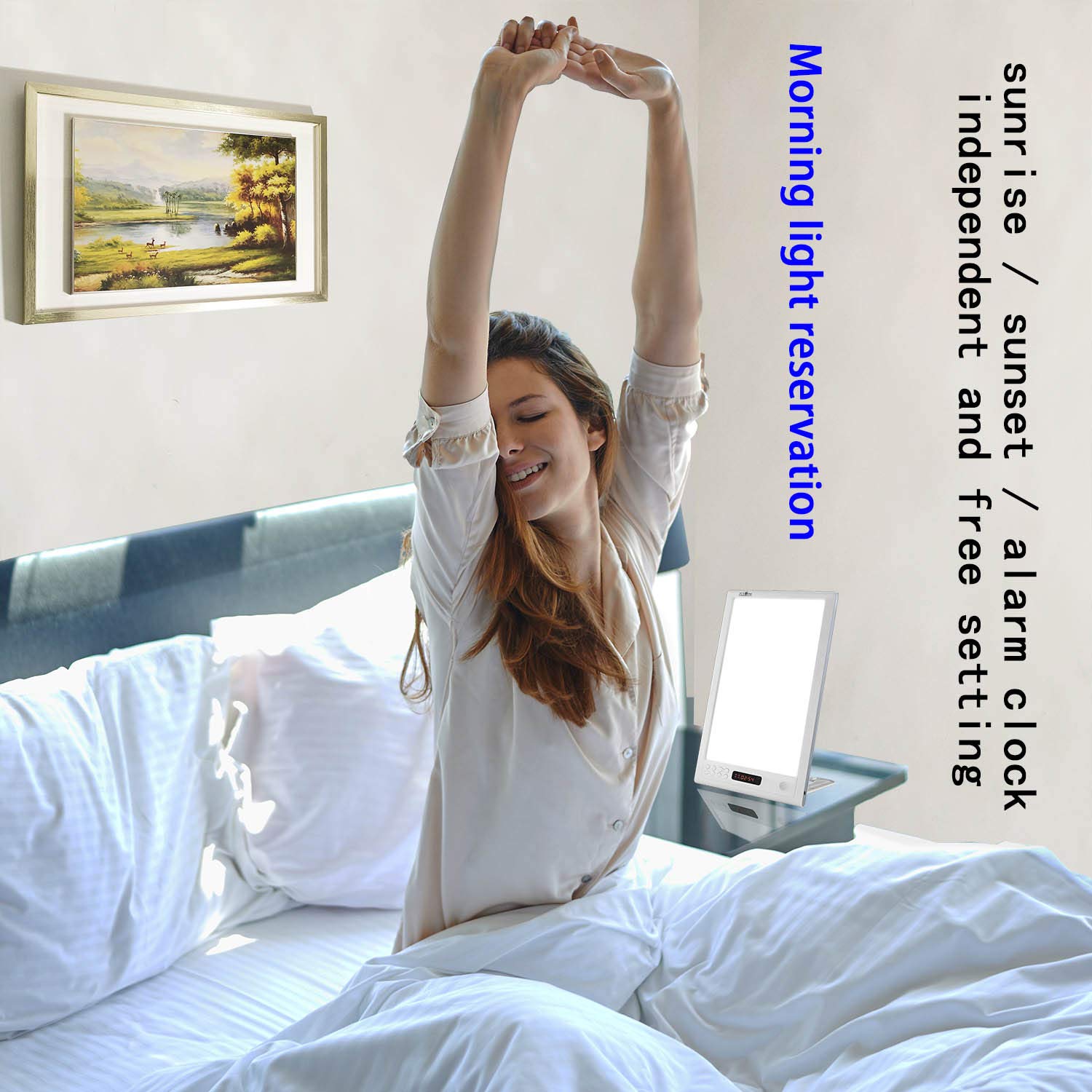 JUXLamp Light Alarm Clock 3 Color Light Therapy Sunrise Wake-up lamp, 12000lux Full Spectrum Sun lamp Sunrise & Sunset Simulatio