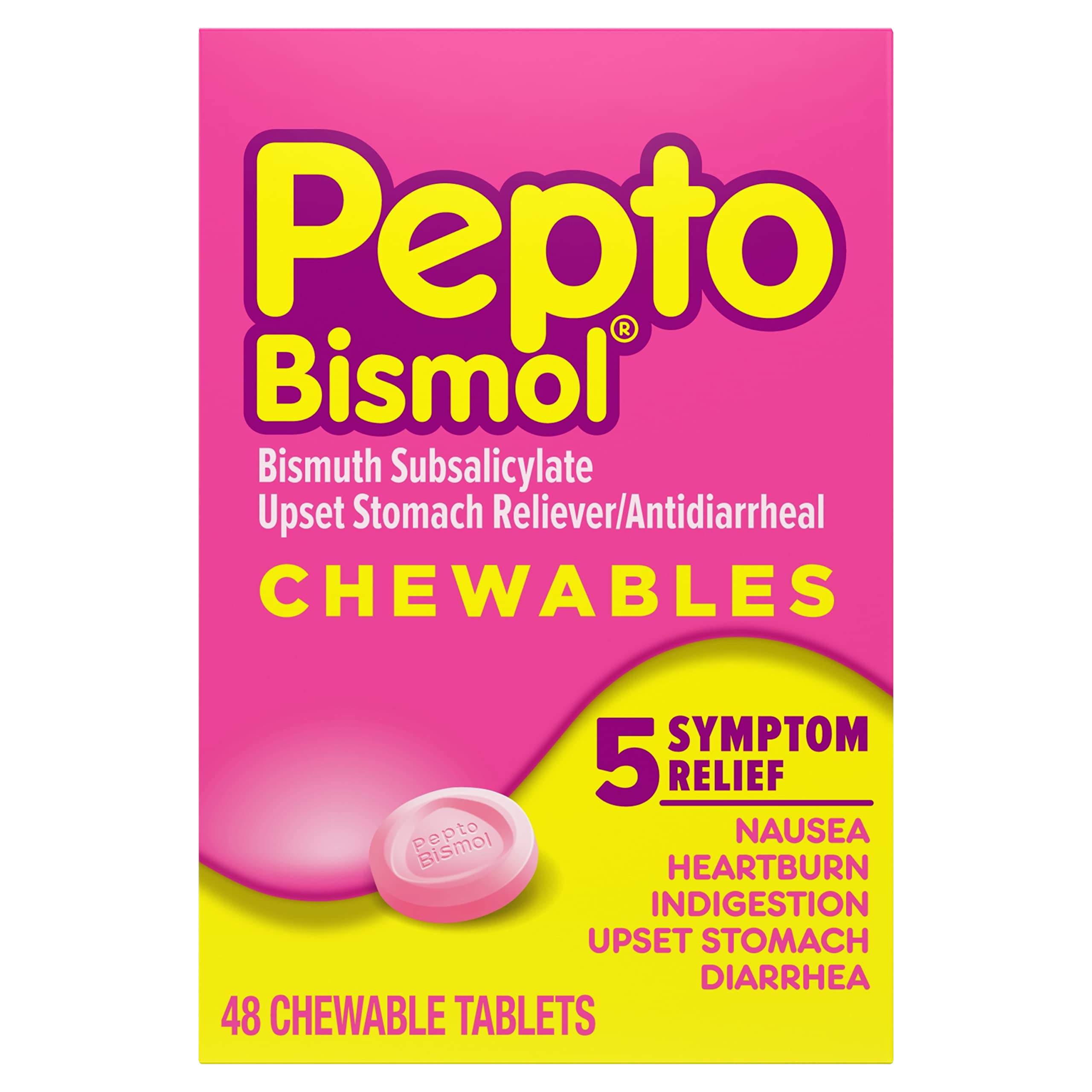 Pepto Bismol Chewable Tablets for Nausea, Heartburn, Indigestion, Upset Stomach, and Diarrhea - 5 Symptom Fast Relief, Original 