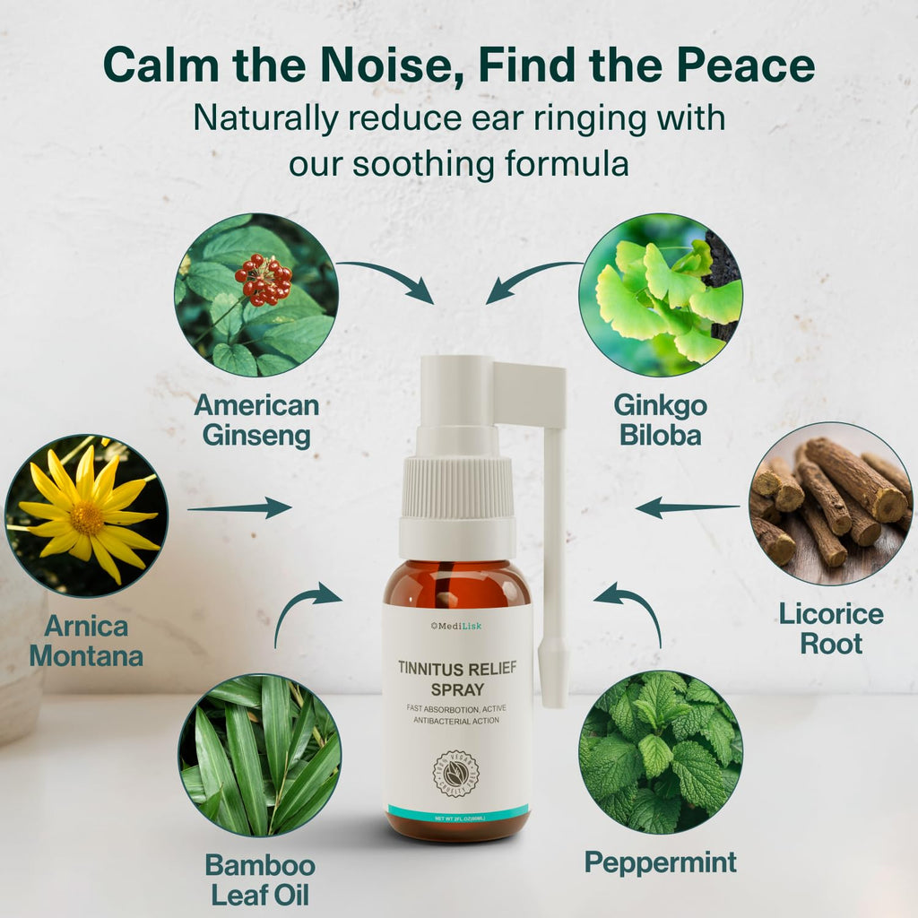 Medilisk Tinnitus Relief Spray - Supports Tinnitus Relief for Ringing Ears - Herbal Ear Care Products - Tinnitus Treatments Prev