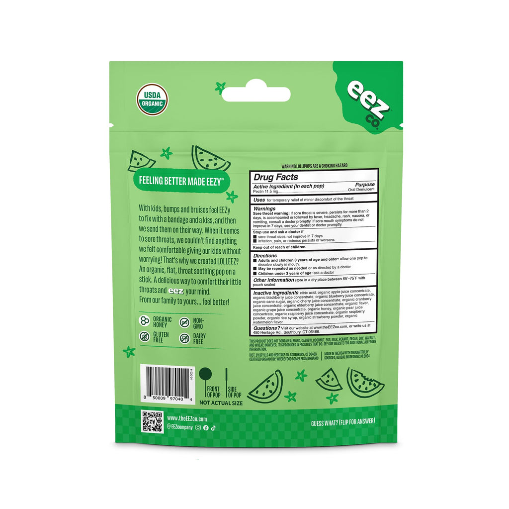 Lolleez Organic Lollipops for Kids Sore Throat Relief, Watermelon Perfect for Soothing A Sore Throat While Tasting Great, Waterm