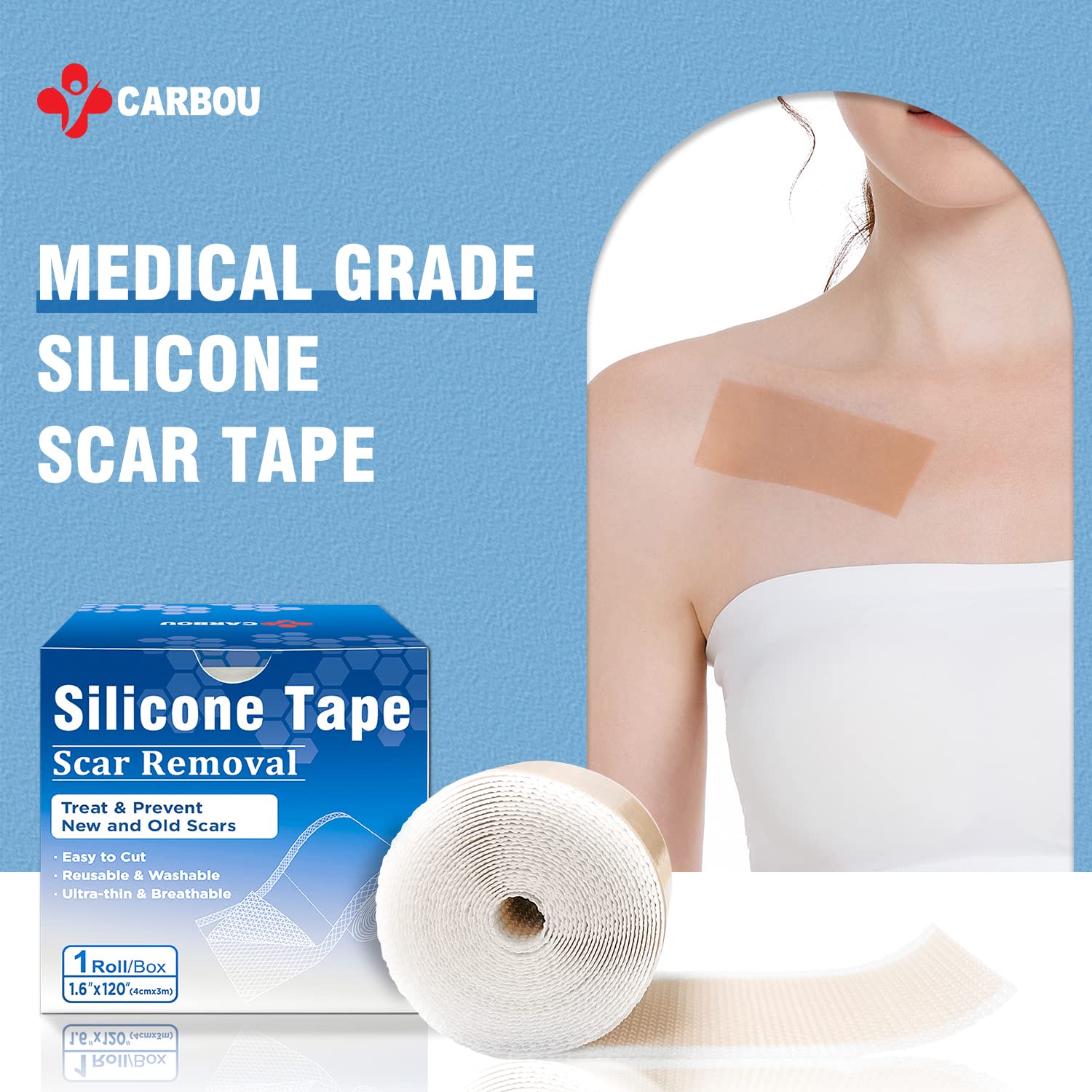 Carbou Medical Silicone Scar Sheets (1.6''x 120''Roll),Soft Silicone Scar Tape,Easy-Tear Silicone Tape for Scars Treatment,Profe