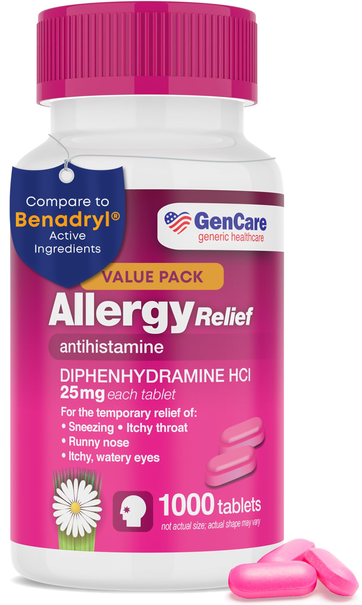 GenCare - Antihistamine Diphenhydramine HCl 25mg (1000 Tablets Per Bottle) - Compare to Generic Benadryl - Bulk Savings | Relief