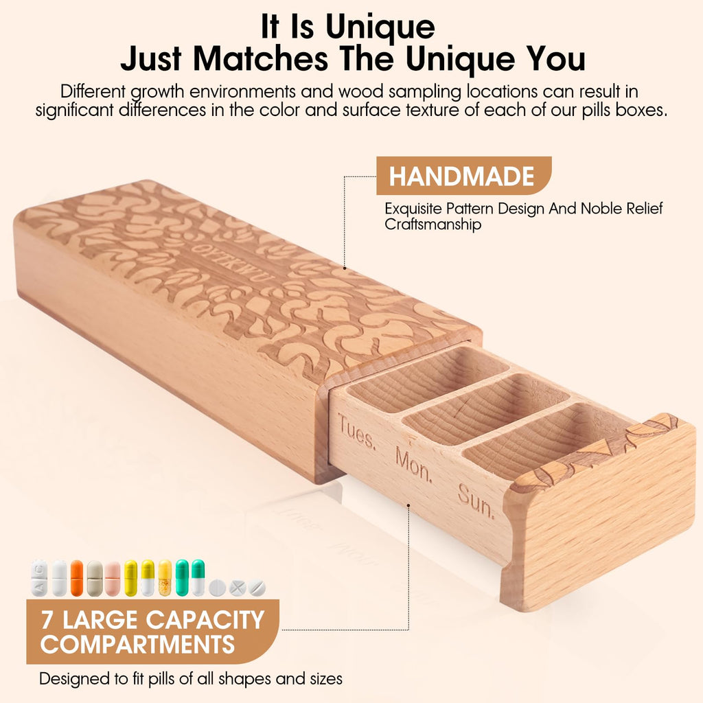 OYTKWU Wooden Weekly Pill Organizer 1 time a Day -Daily Pill Box 7 Day, Travel-Friendly, Safe Travel 7 Day Pill Box, Travel Pill
