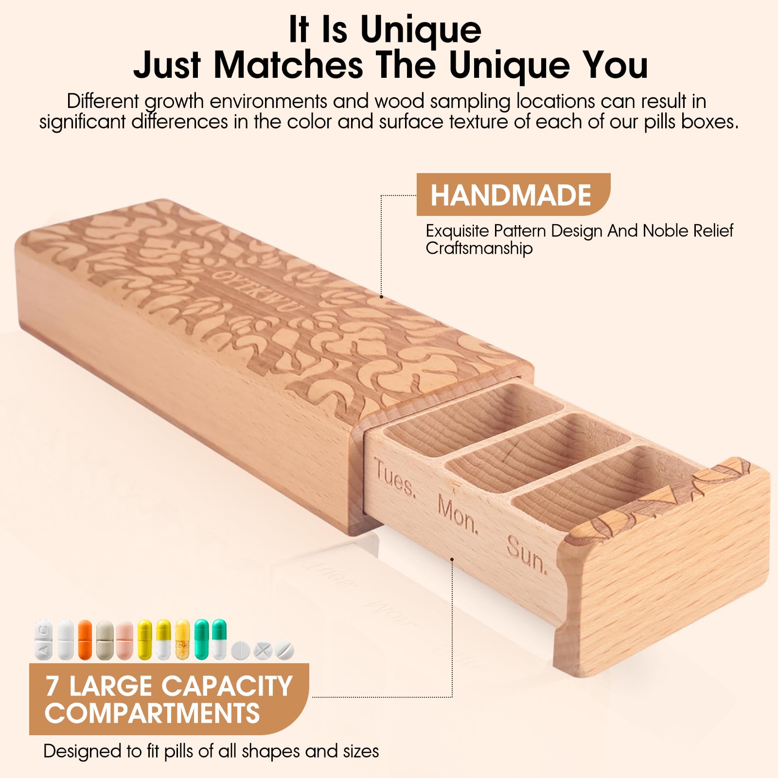 OYTKWU Wooden Weekly Pill Organizer 1 time a Day -Daily Pill Box 7 Day, Travel-Friendly, Safe Travel 7 Day Pill Box, Travel Pill