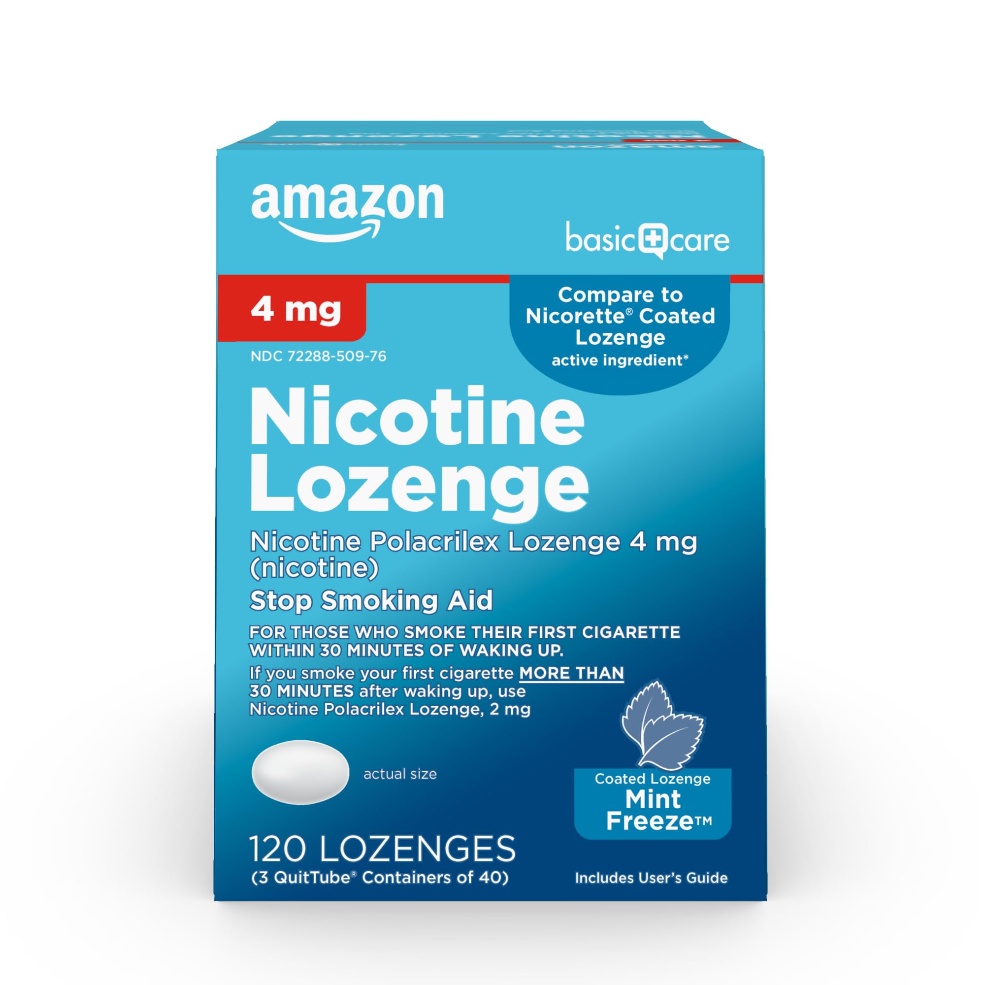 Amazon Basic Care Coated Ice Mint Nicotine Polacrilex Lozenges, 4 mg, Stop Smoking Aid, 120 Count