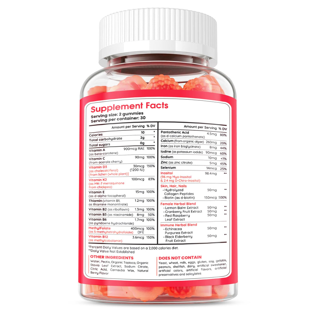 Muun Women's Multivitamin Gummy 60 Ct, Methylated B-Complex, Beauty & Energy - Sugar Free, Low Iron, Folate, Biotin, Inositol, V