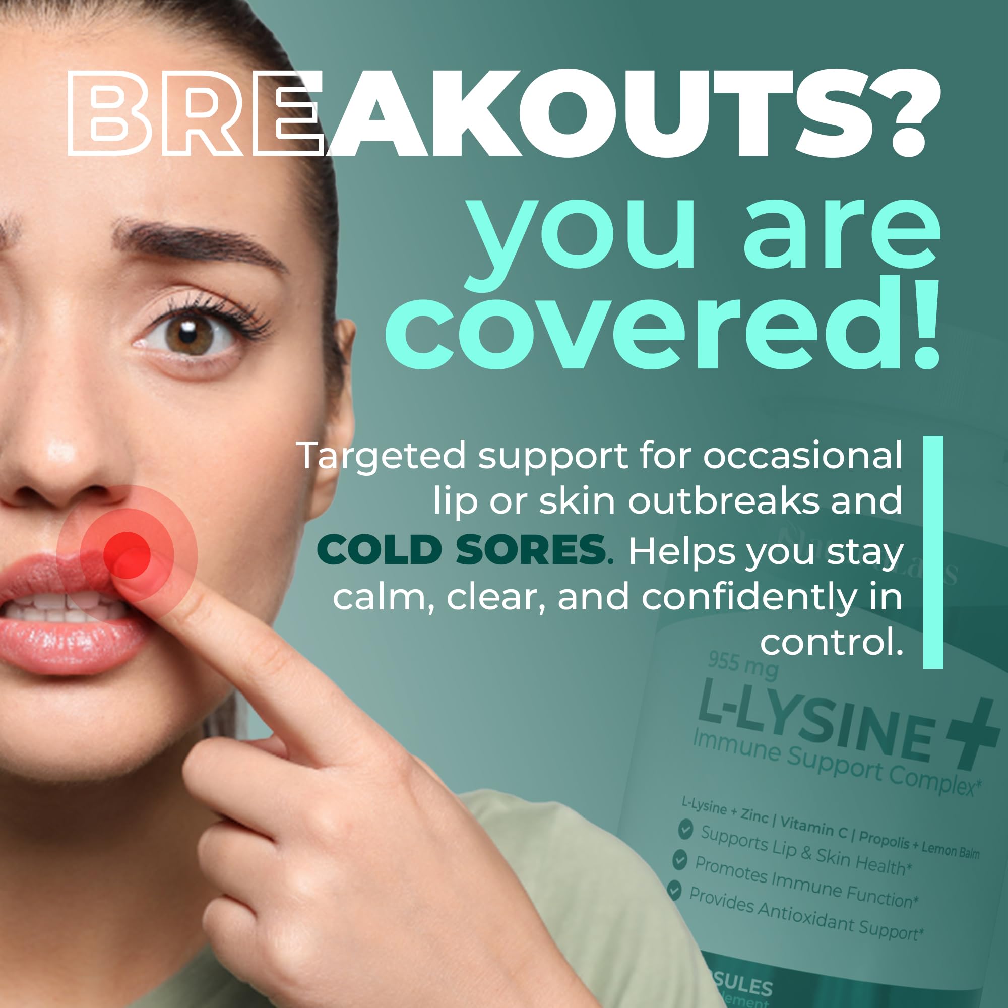 NATURALABS L-Lysine + Cold Sore Immune Support Supplement - with Vitamin C, Zinc, Bee Propolis, Lemon Balm & 9-in-1 Herbal Compl