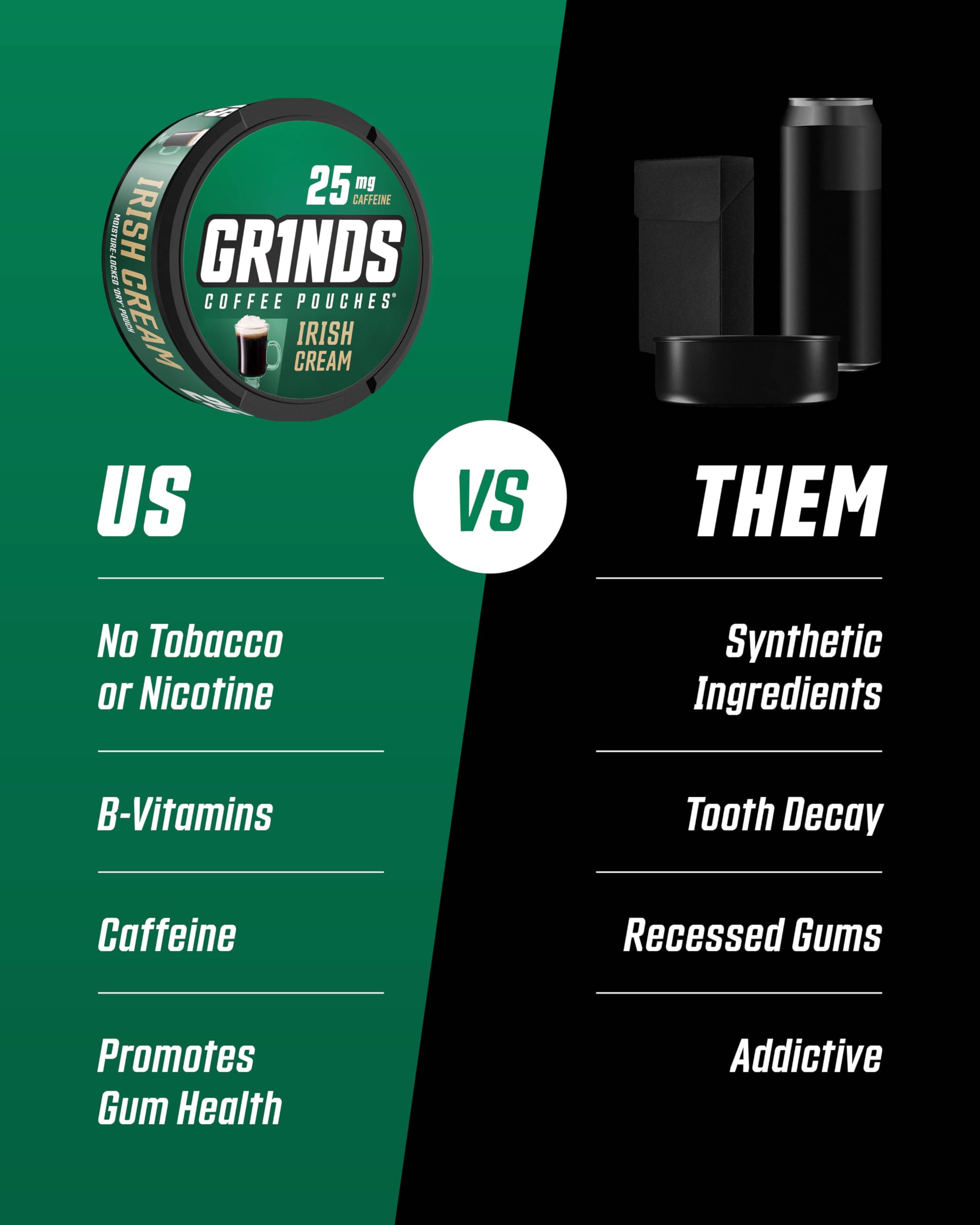 Grinds Coffee Pouches | Tobacco Free, Nicotine Free Healthy Alternative | 3 Cans of Irish Cream | 18 Pouches Per Can | 1 Pouch e