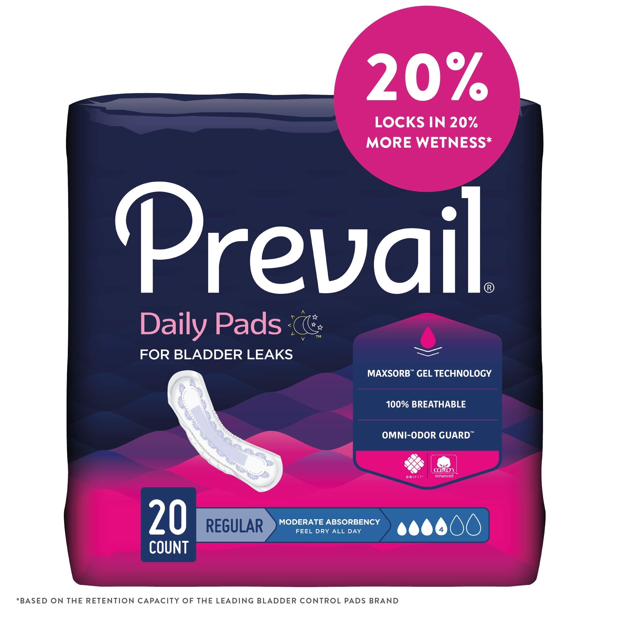 Prevail Incontinence Bladder Control Pads for Women, Moderate Absorbency, Regular Length, 20 Count