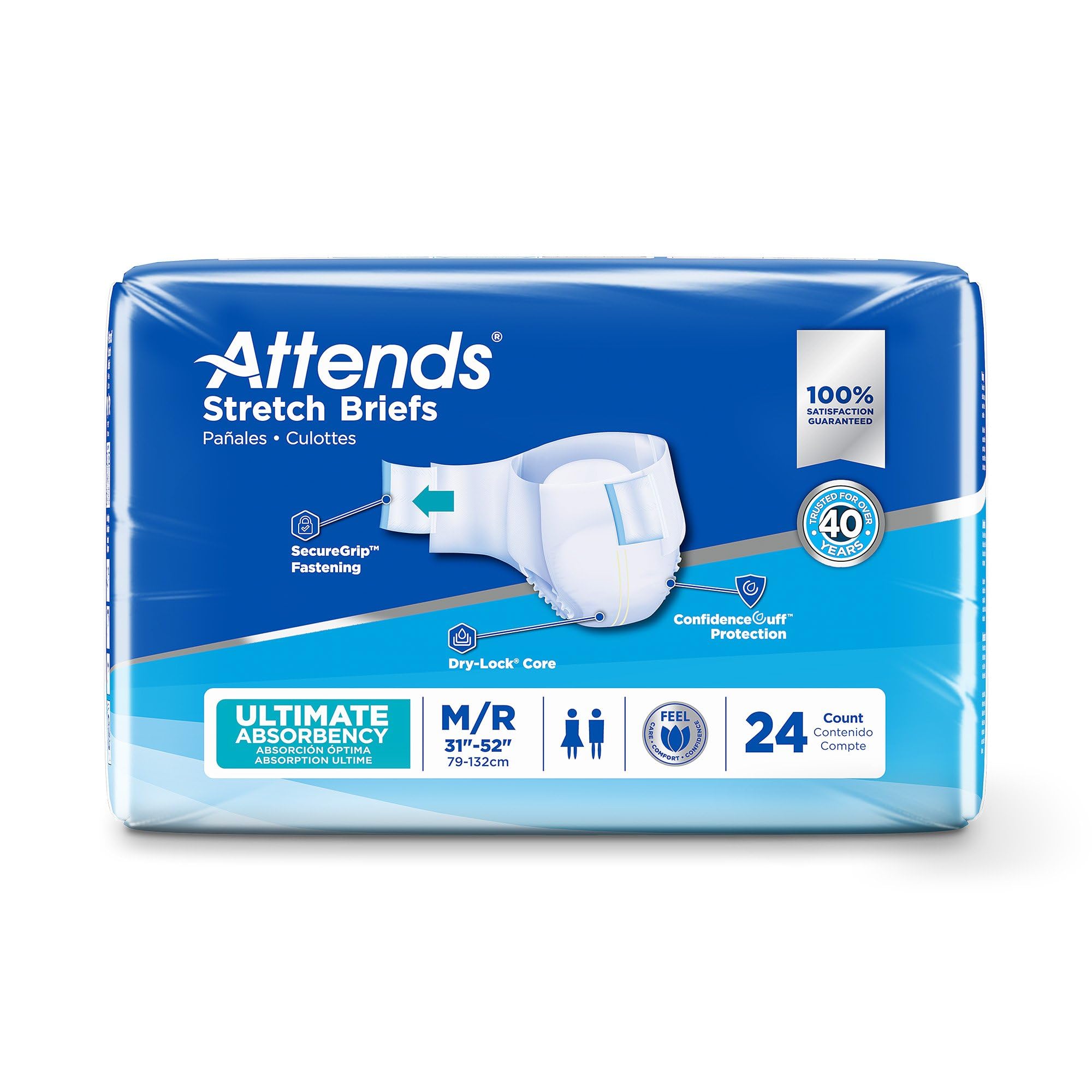 Attends Stretch Adult Disposable Briefs, Medium/Regular, 31-52 Waist with Tab Closure, Ultimate Absorbency with Dry-Lock Contain