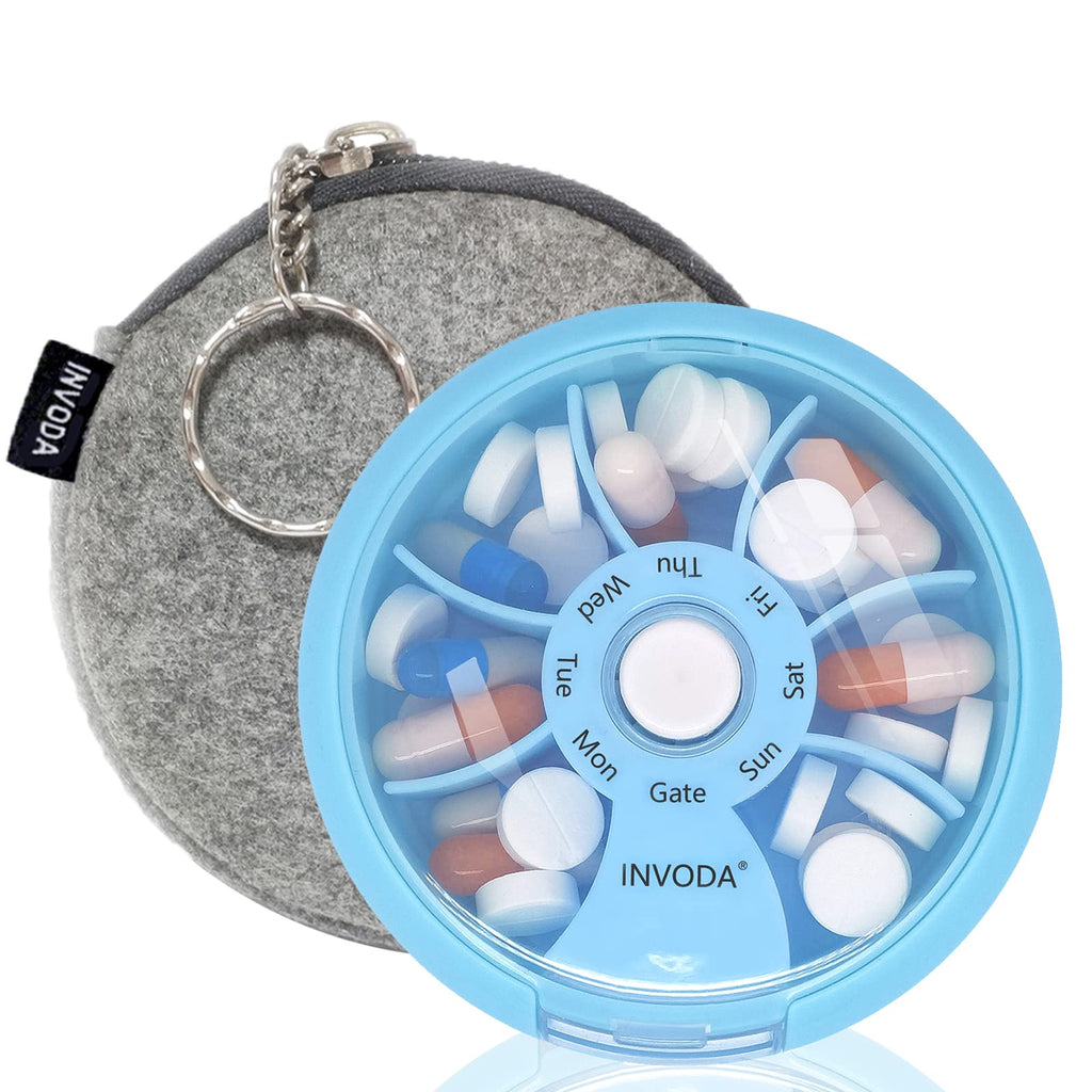Pill Organizer Travel Pill Cases Weekly Cute Round Pill Box Purse Pill Container Portable Small Medicine Organizer (Blue+Bag)