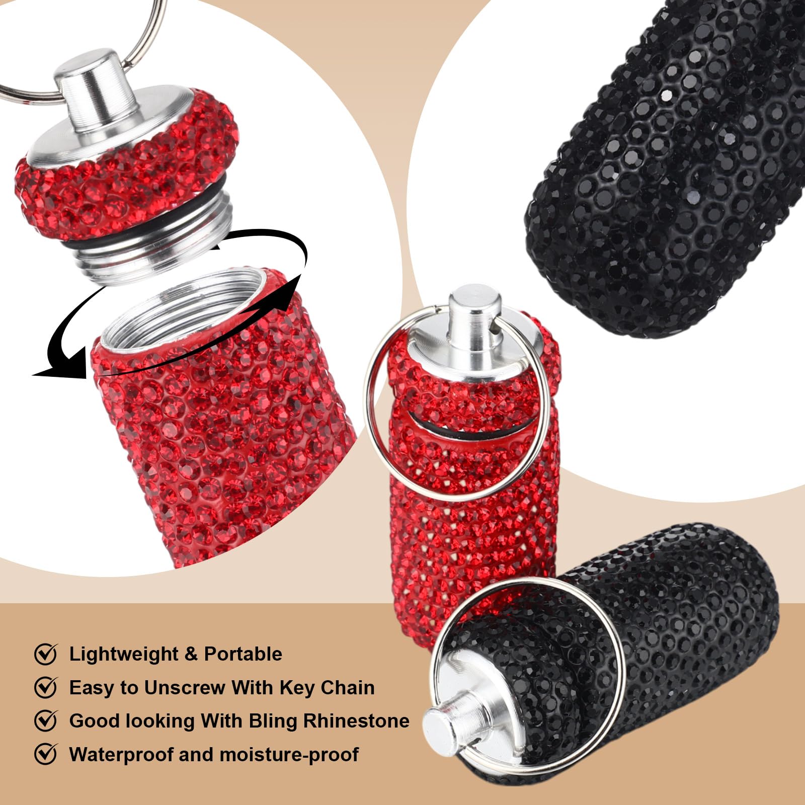 Patelai 3 Pieces Bling Pill Container Portable Pill Bottle Case Waterproof Travel Holder Storage with Keychain for Outdoor Campi