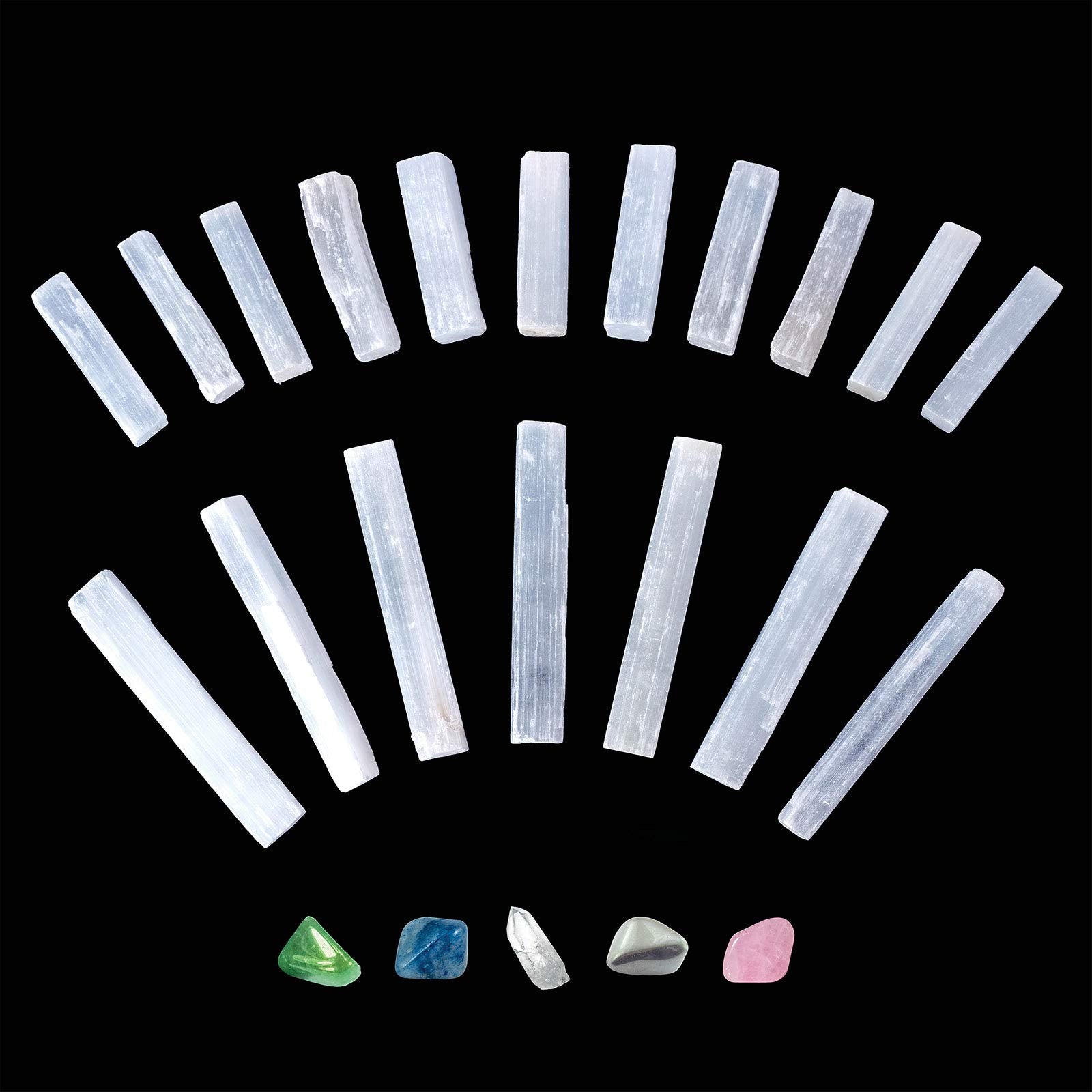 National Geographic Selenite Crystal Set - 2 lbs of Bulk Selenite Wands & 5 Premium Crystals, Rose Quartz, Hematite, Aventurine,
