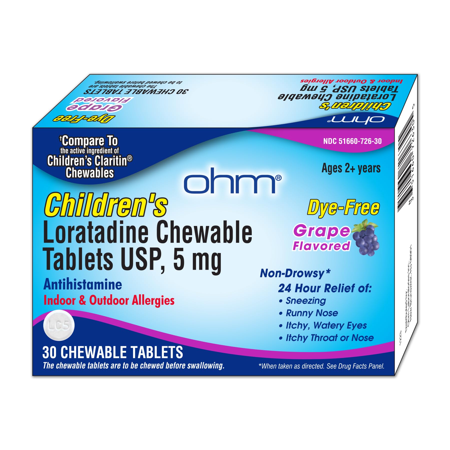 Ohm Childrens Chewable Tablets, Dye Free, Grape, Non-Drowsy 24h Antihistamine, Indoor & Outdoor Allergies, 5mg, 30 Tablets (30 C