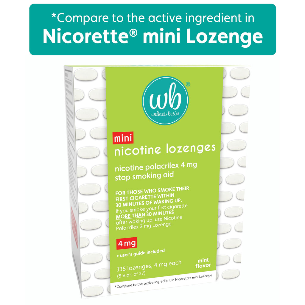 Wellness Basics Mini Nicotine Lozenge 4mg | Stop Smoking Aid | Mint Flavor | 135 Count | Pack of 5 Vials | Reduces Cravings & Wi
