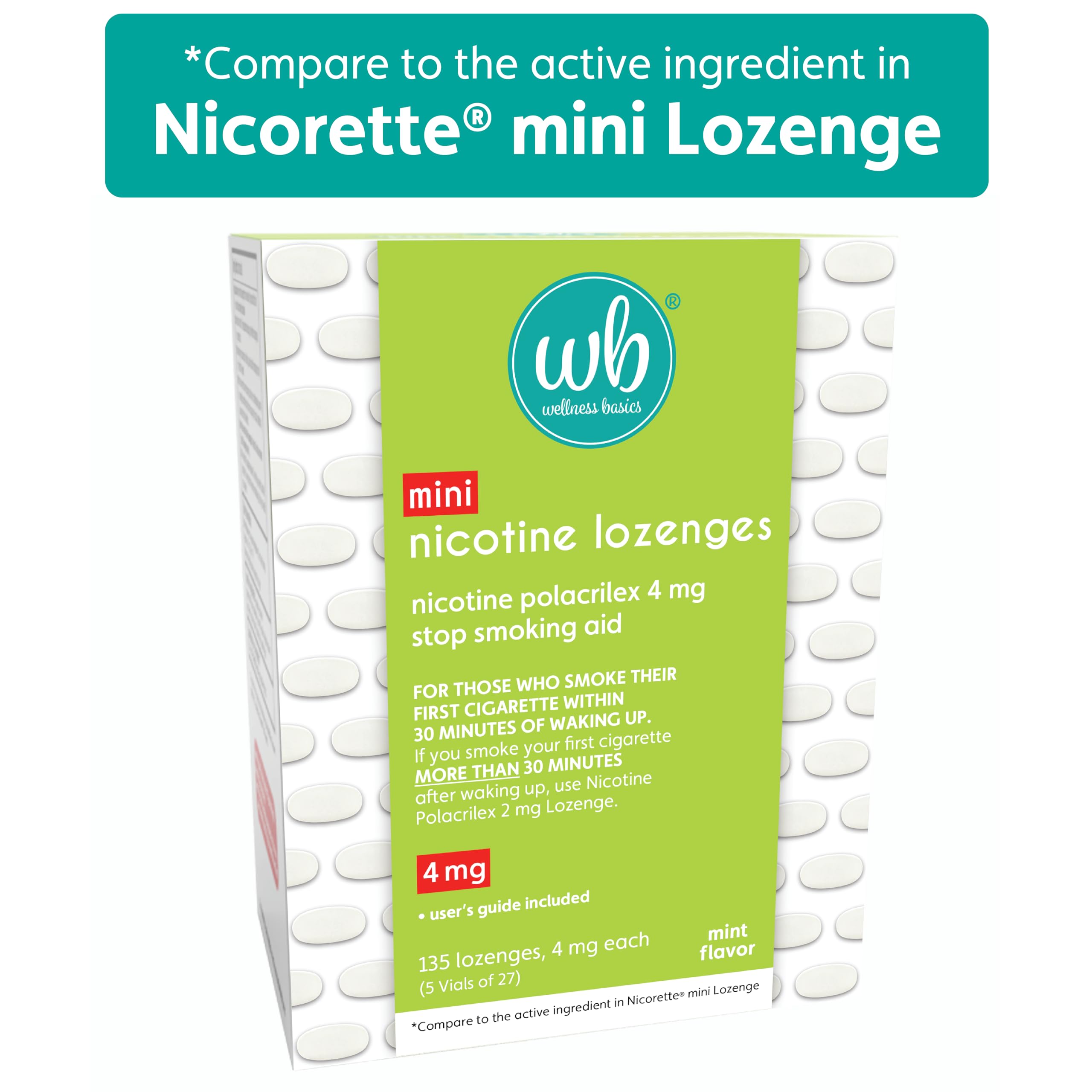 Wellness Basics Mini Nicotine Lozenge 4mg | Stop Smoking Aid | Mint Flavor | 135 Count | Pack of 5 Vials | Reduces Cravings & Wi