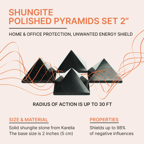 Shungite Stones Pyramids 2 inches (5 cm) Protection Set 4 pcs | Wholesale Black Polished Solid Stone Pyramids | Home Office Room