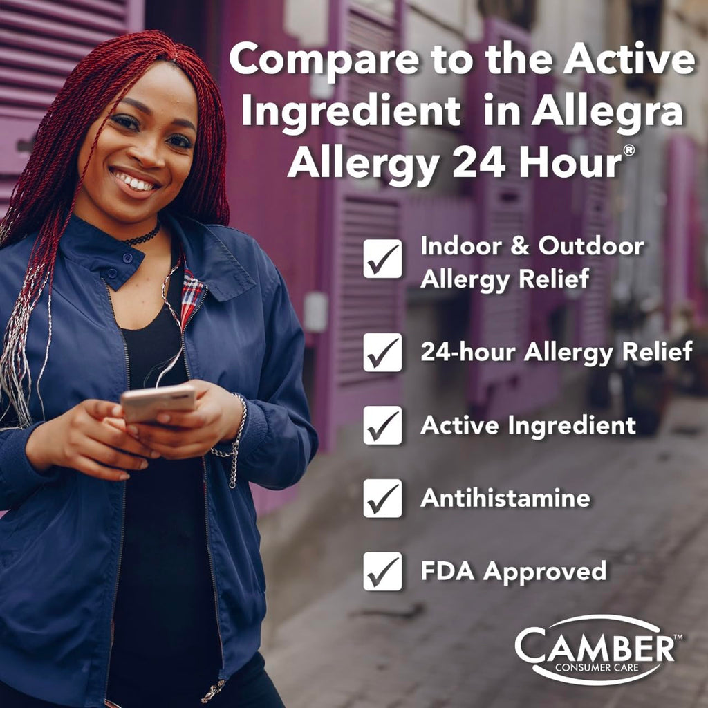 Camber Fexofenadine Antihistamine Non-Drowsy Indoor Outdoor 24hrs Allergy Relief Medicine 100 Tablets