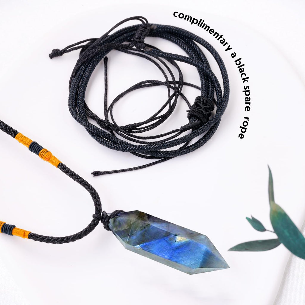 Runyangshi Labradorite Healing Crystal Pendants, Double Pointed Natural Crystal Quartz Necklace 6 Faceted Chakra Crystal Wand St