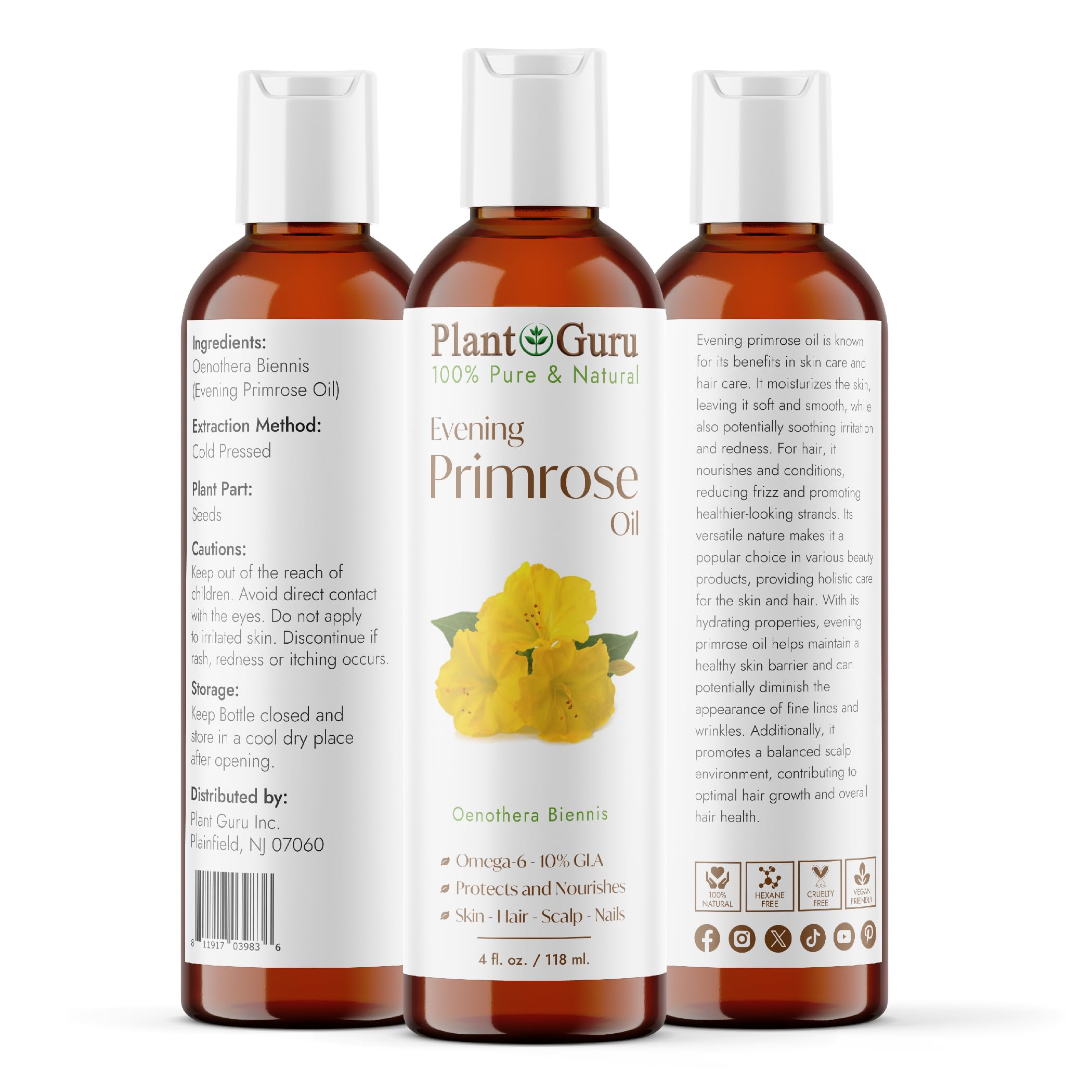 Evening Primrose Oil 4 fl. oz. Cold Pressed 100% Pure Natural Carrier - Skin, Face, Body and Hair Growth Moisturizer. Great for
