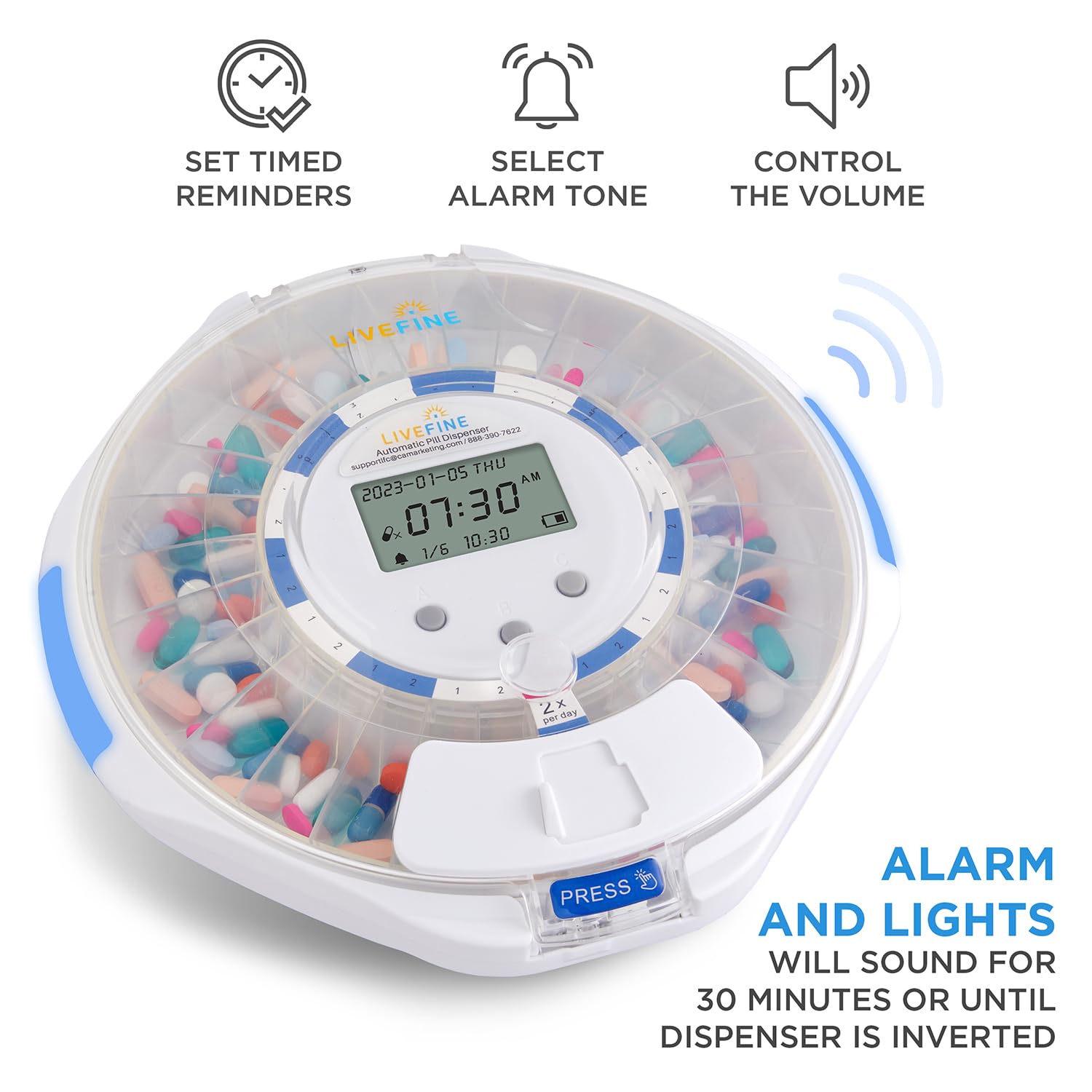 LiveFine Automatic Pill Dispenser with 28-Day Electronic Medication Organizer, 6 Dosage Rings, LCD Display with Sound & Light Al
