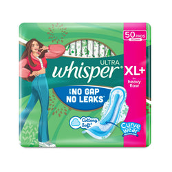 Whisper Ultra Upto No Gap No Leaks* Sanitary Pads, 50 Xl+ Pads, For Heavy Flow Protection, With Curvewear Technology, Cotton Lik