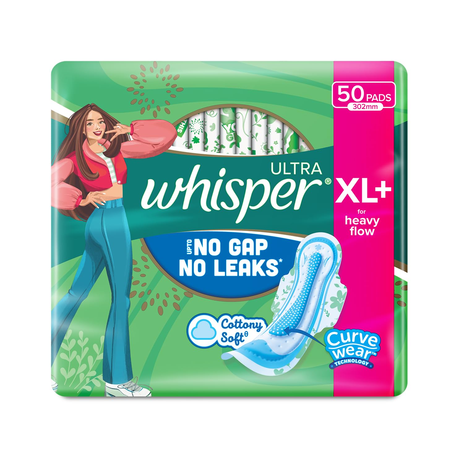 Whisper Ultra Upto No Gap No Leaks* Sanitary Pads, 50 Xl+ Pads, For Heavy Flow Protection, With Curvewear Technology, Cotton Lik